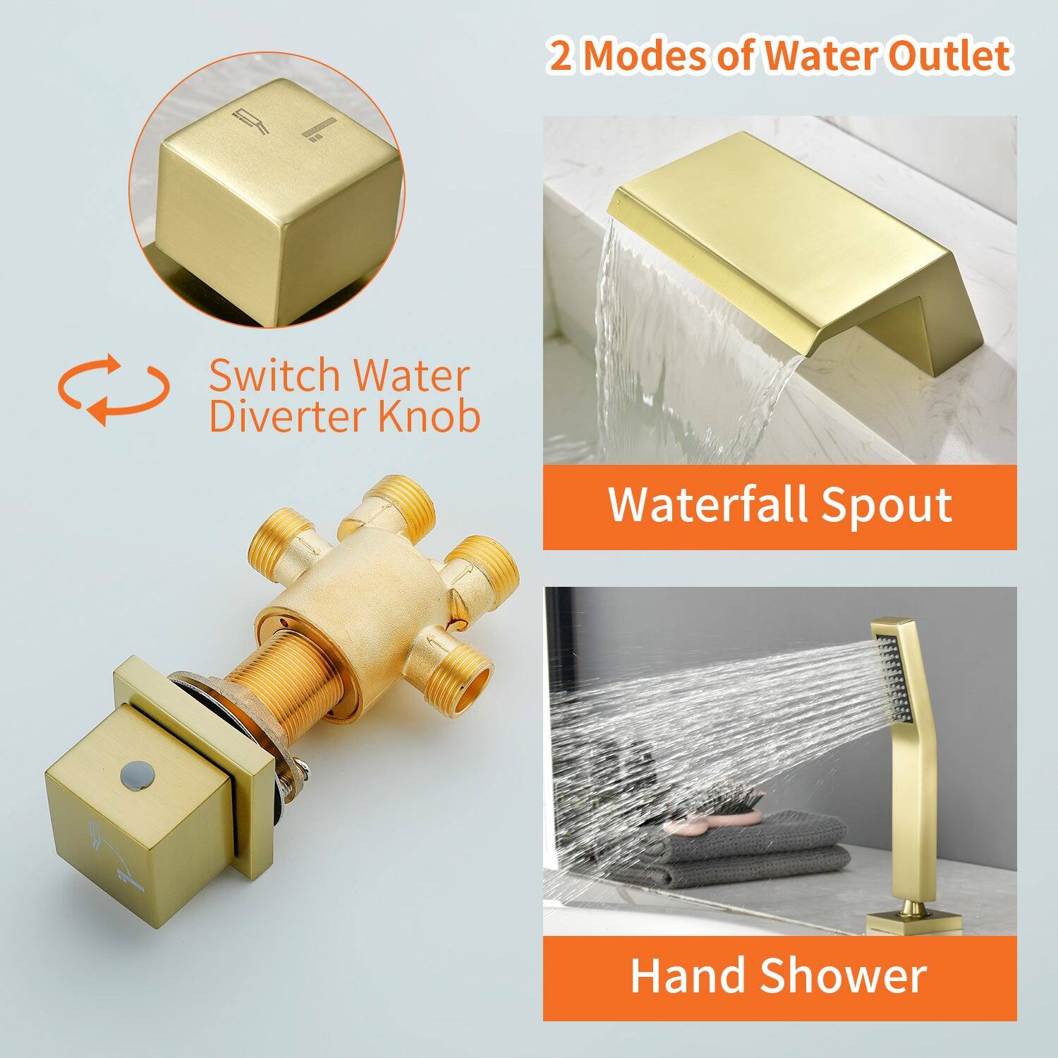 2 Modes of Water Outlet

Switch Water Diverter Knob

Waterfall Spout

Hand Shower