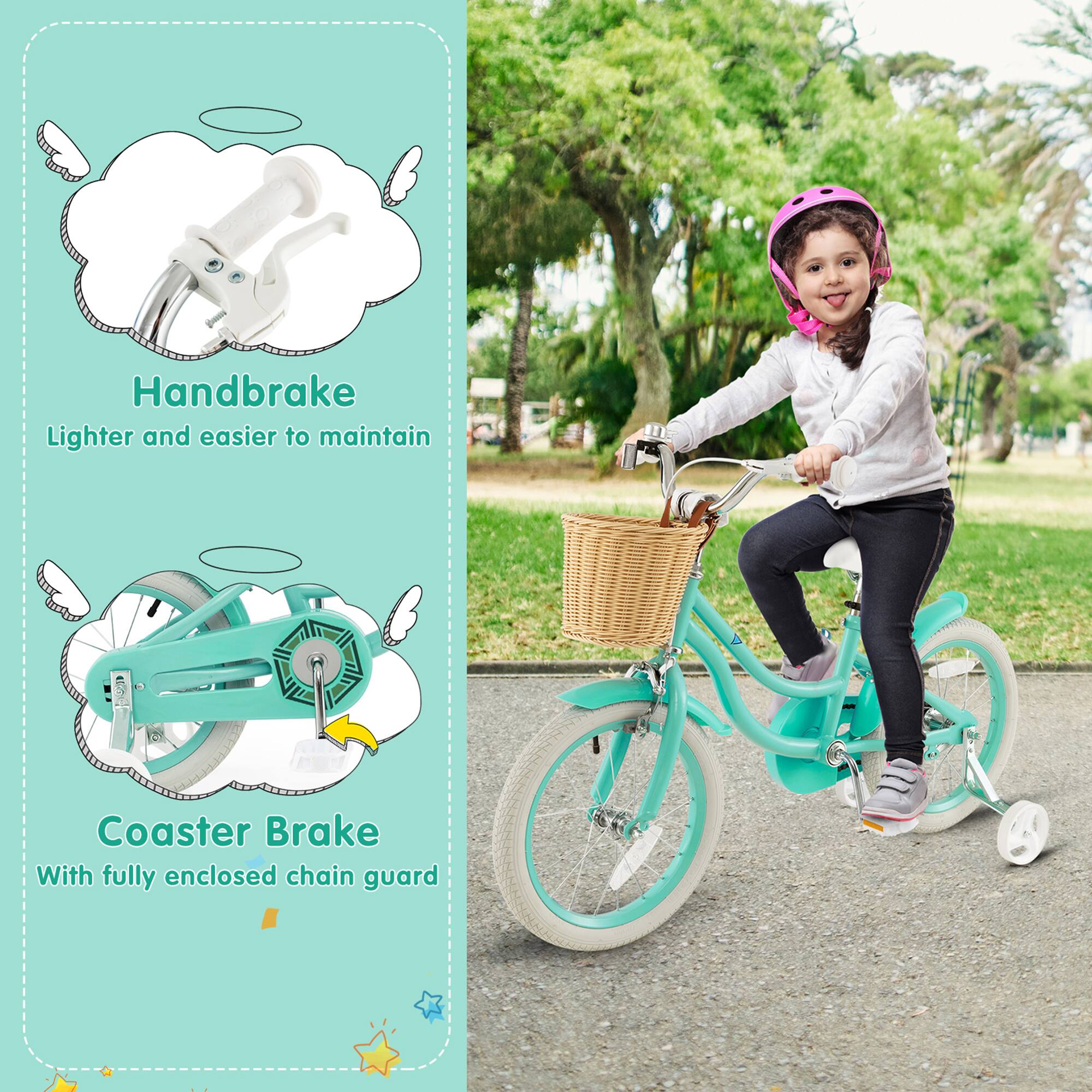 Handbrake  
Lighter and easier to maintain  

Coaster Brake  
With fully enclosed chain guard