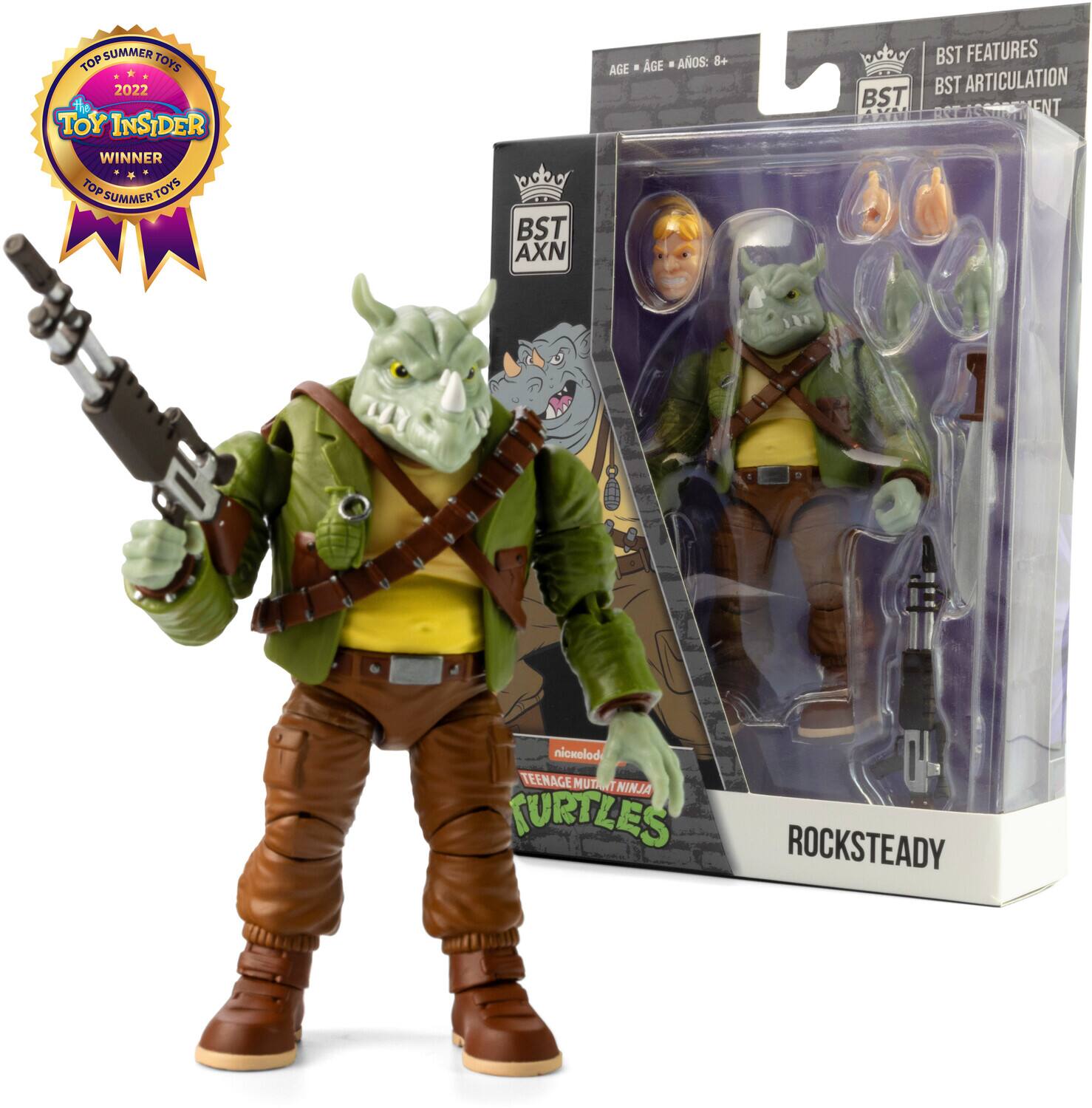 SUMMER TOP TOYS 2022 TOY INSIDER WINNER TOP SUMMER TOYS SUMMER TOYS D0 0C BST AXN AGE: 8+ AOS: B+ AGE + BST ROA SAN BST FEATURES BST ARTICULATION EN ASSONFMIENT A ENT NICKELODEON TEENAGE MUTANT NINJA TURTLES ROCKSTEADY