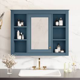 Z-Edge - 35'' x 28'' Medicine Cabinet, Wall Mounted Bathroom Storage Cabinet, Modern Mirror Cabinet with Door and 6 Open Shelves - Blue