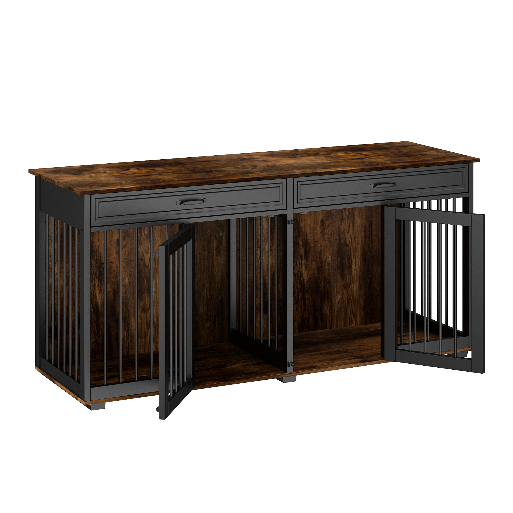 Angle. FUFU & GAGA - Double Dog Crate Furniture with Storage - Convertible 2-Room Pet House for Living Room.