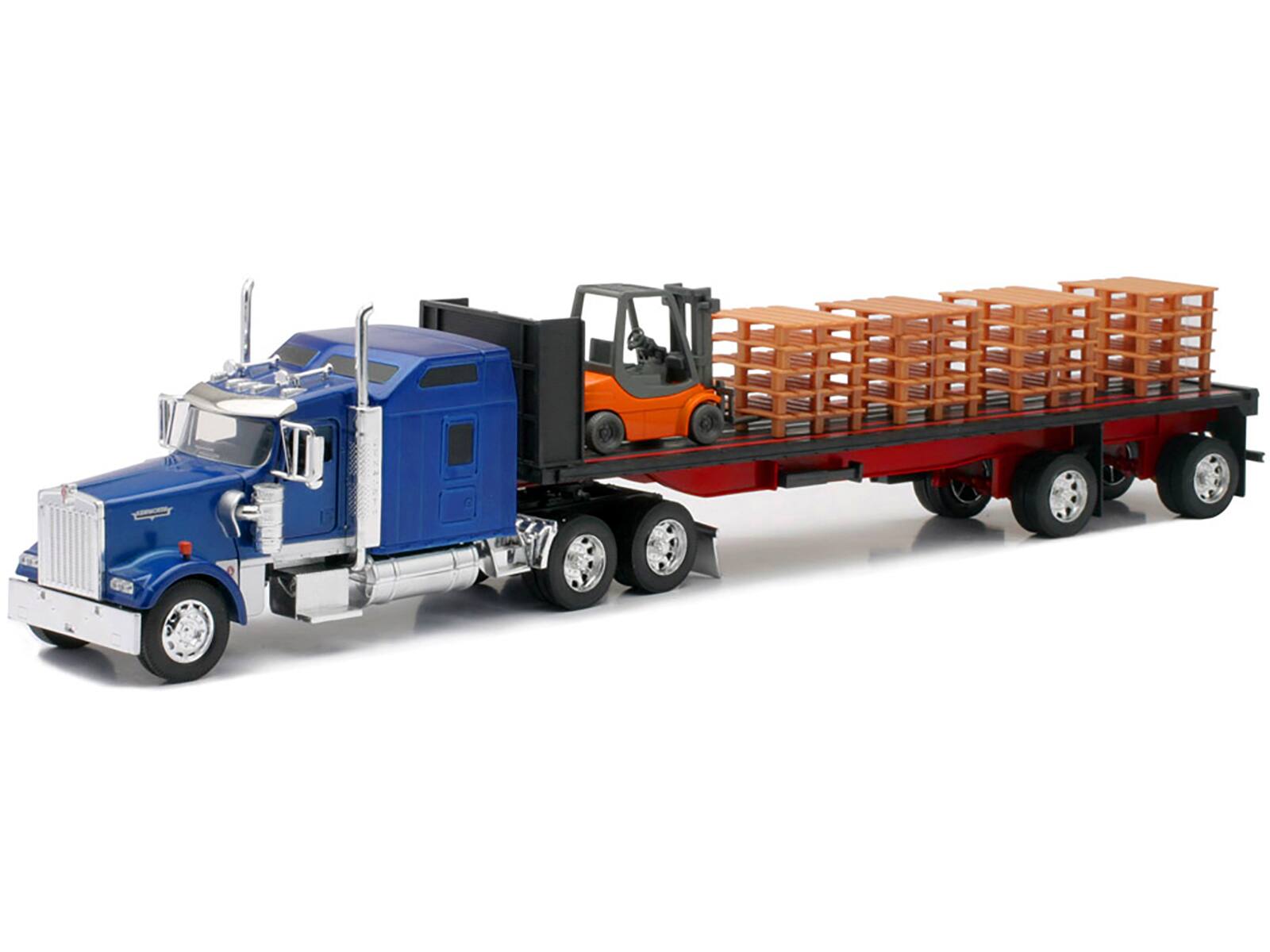 Angle. New Ray - Kenworth W900 Truck with Flatbed Trailer Blue with Forklift and Pallets "Long Haul Truckers" Series 1/32 - Blue.