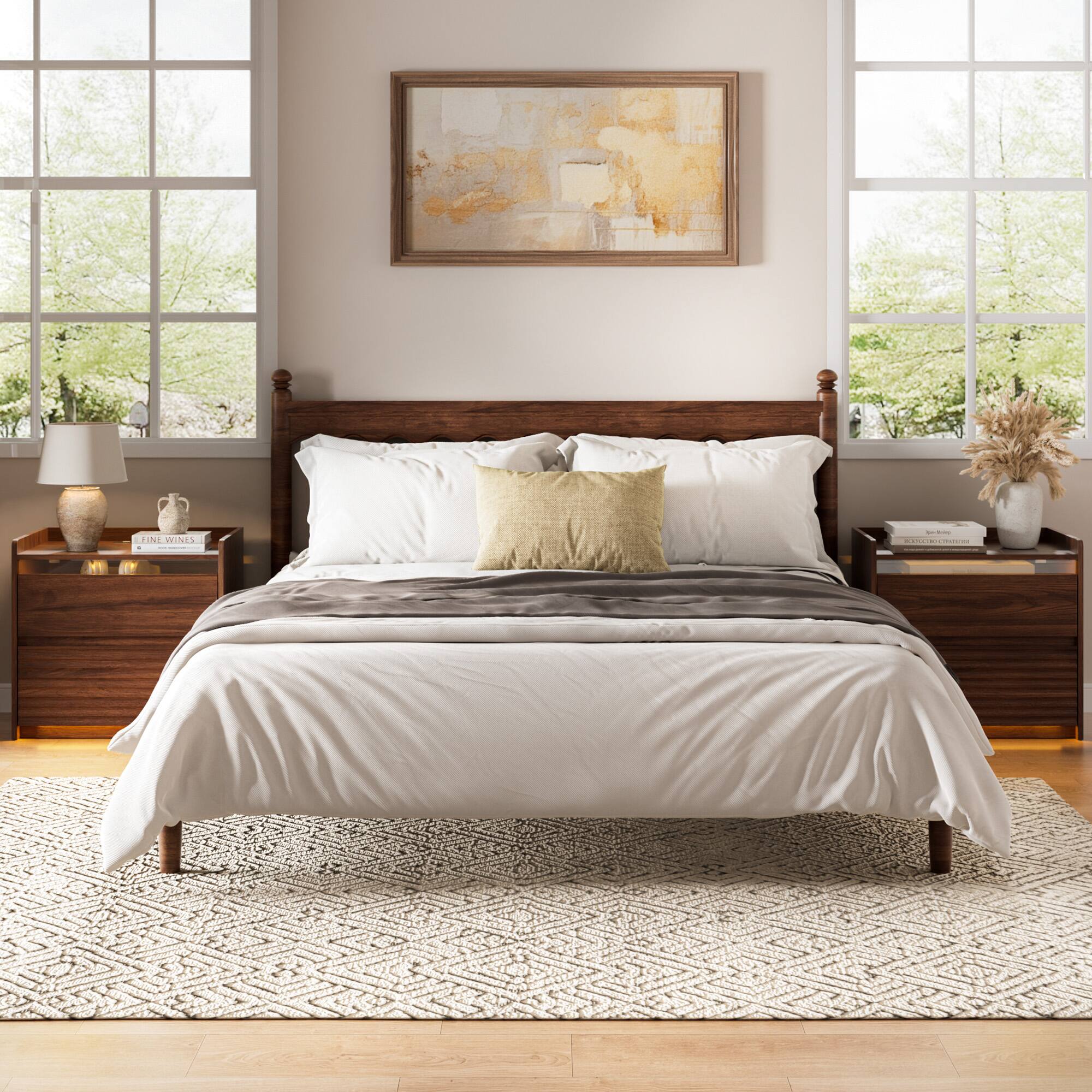 Alt View 7. Furnulem - LED Nightstand with Charging Station Wood Bedside Table with Ribbed Drawer Front - Brown.