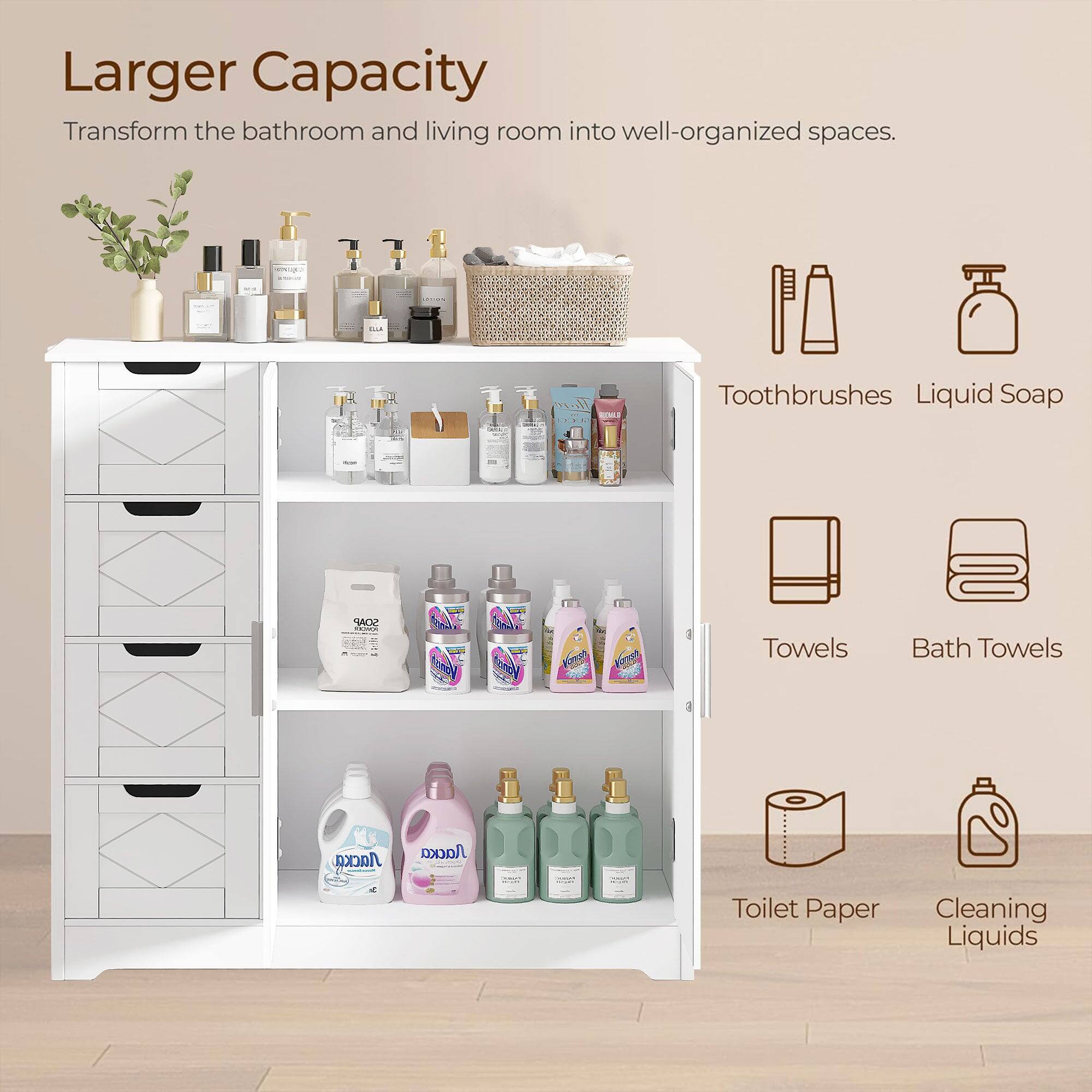 Larger Capacity  
Transform the bathroom and living room into well-organized spaces.  

- Toothbrushes  
- Liquid Soap  
- Towels  
- Bath Towels  
- Toilet Paper  
- Cleaning Liquids
