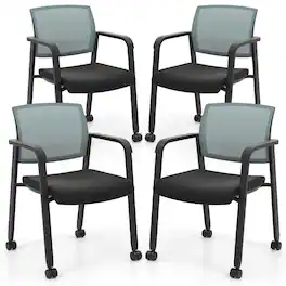 Costway - Conference Chairs Set of 4 Stackable Office Guest Mesh Chair Waiting Room Wheels - Gray