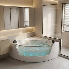 Loheer - Corner Whirlpool Bathtub for Two with Waterfall Faucet, Acrylic Jetted Spa Tub with LED Air Jets - White