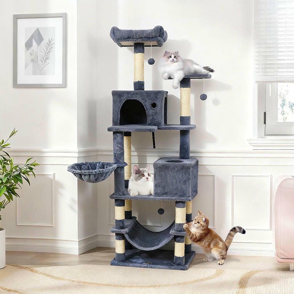 Alt View 2. Kadyn - 66-Inch Tall Multi-Level Cat Tower with Two Condos and Sisal Posts, Dark Gray - Gray.