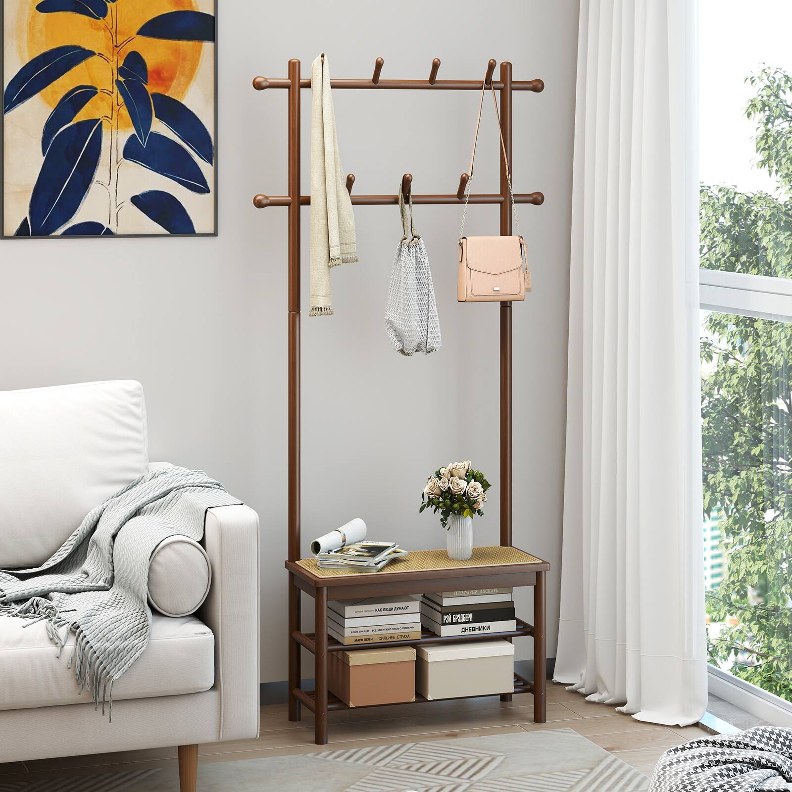 Alt View 5. Costway - Costway Bamboo Coat Rack with Bench Shoe Storage 2 Hanging Rods 11 Hanging Hooks Shelves - Brown.