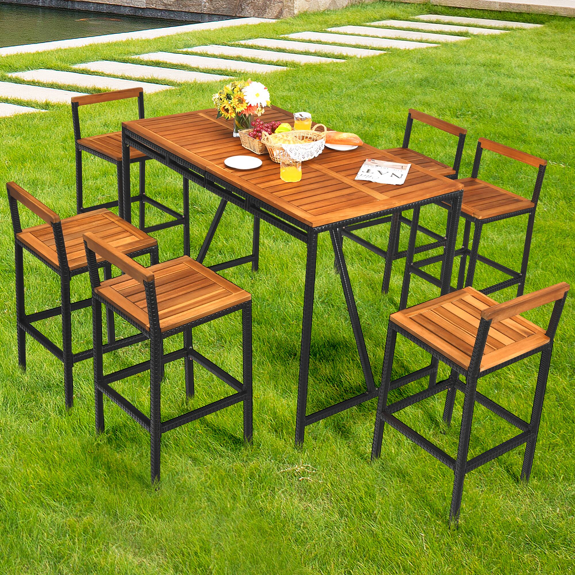 Alt View 2. Costway - Costway 7PCS Patio Rattan Bar Set Acacia Wood Frame Stools Table Umbrella Hole - Black,Natural.