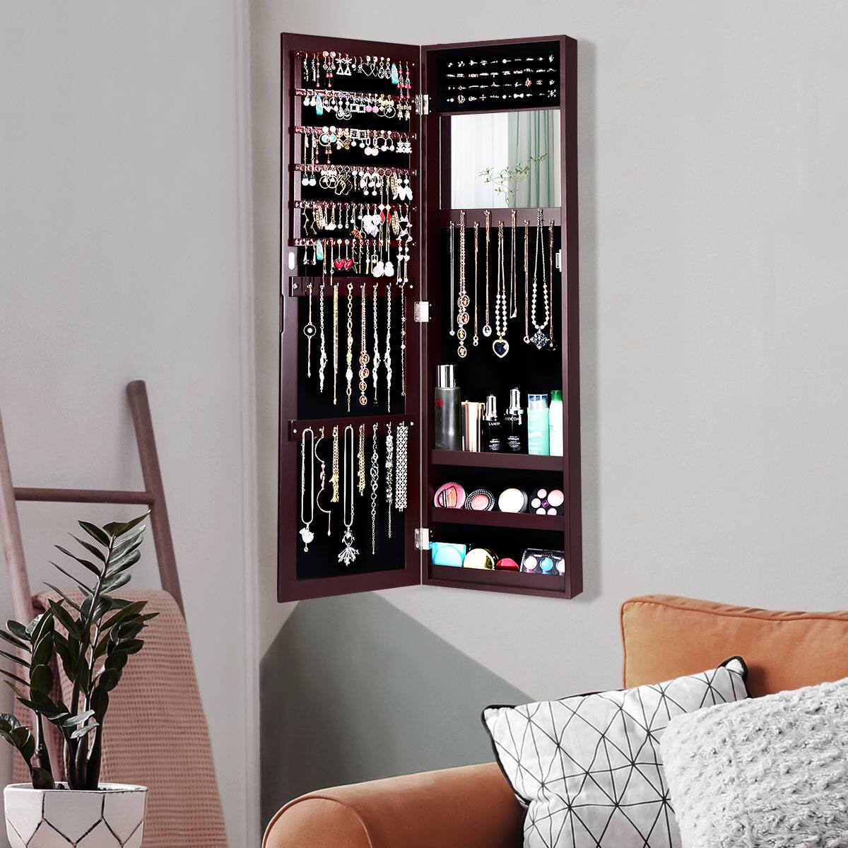 Alt View 11. Costway - Wall Door Mounted Mirrored Jewelry Cabinet Storage Organizer-Brown - Brown.