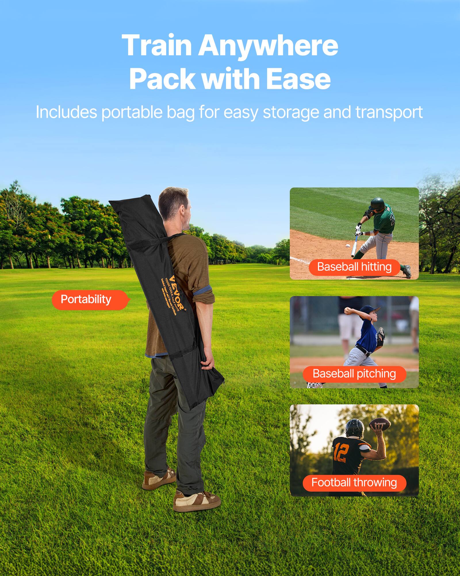 Train Anywhere Pack with Ease  
Includes portable bag for easy storage and transport  

Portability  

Baseball hitting  
Baseball pitching  
Football throwing