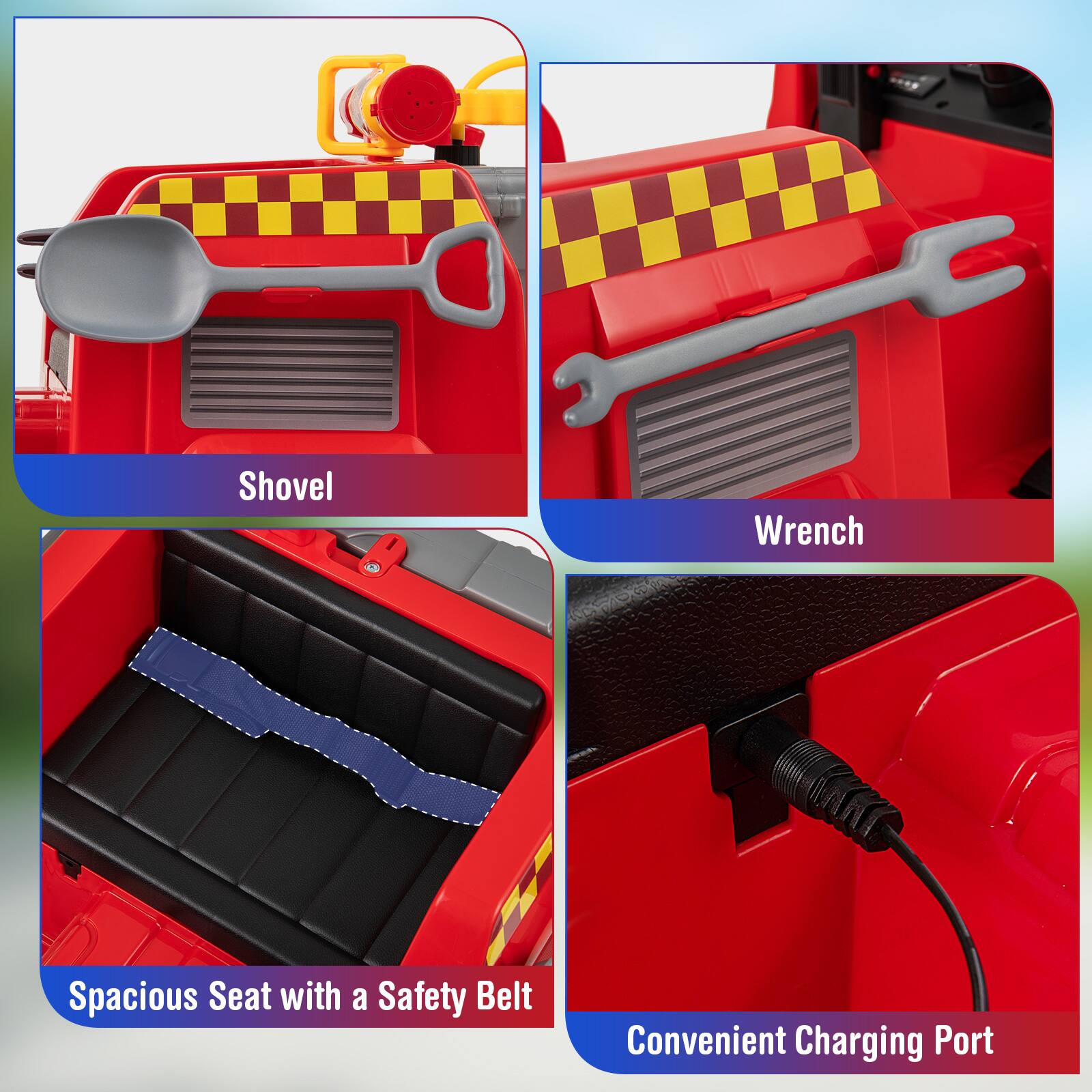 - Shovel
- Wrench
- Spacious Seat with a Safety Belt
- Convenient Charging Port