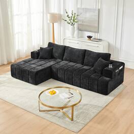 Anysun - 108" L-Shaped Compression Chenille Sectional Sofa with Left Chaise, Cup Holders & Side Pockets, No Assembly - Black
