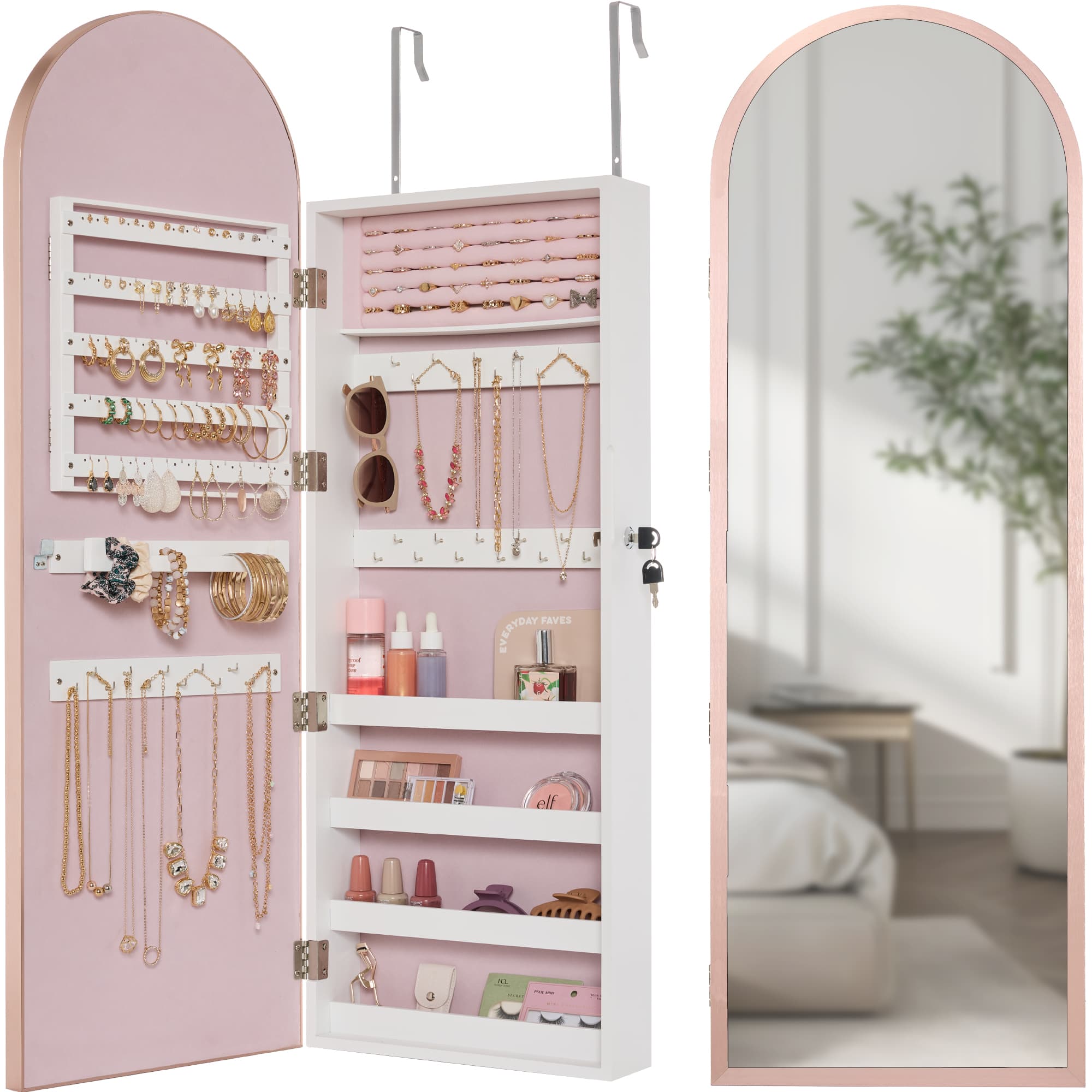 Best Choice Products - Door/Wall Mounted Arch Mirror Jewelry Armoire, w/ Metal Frame, Lockable Door - Rose Gold