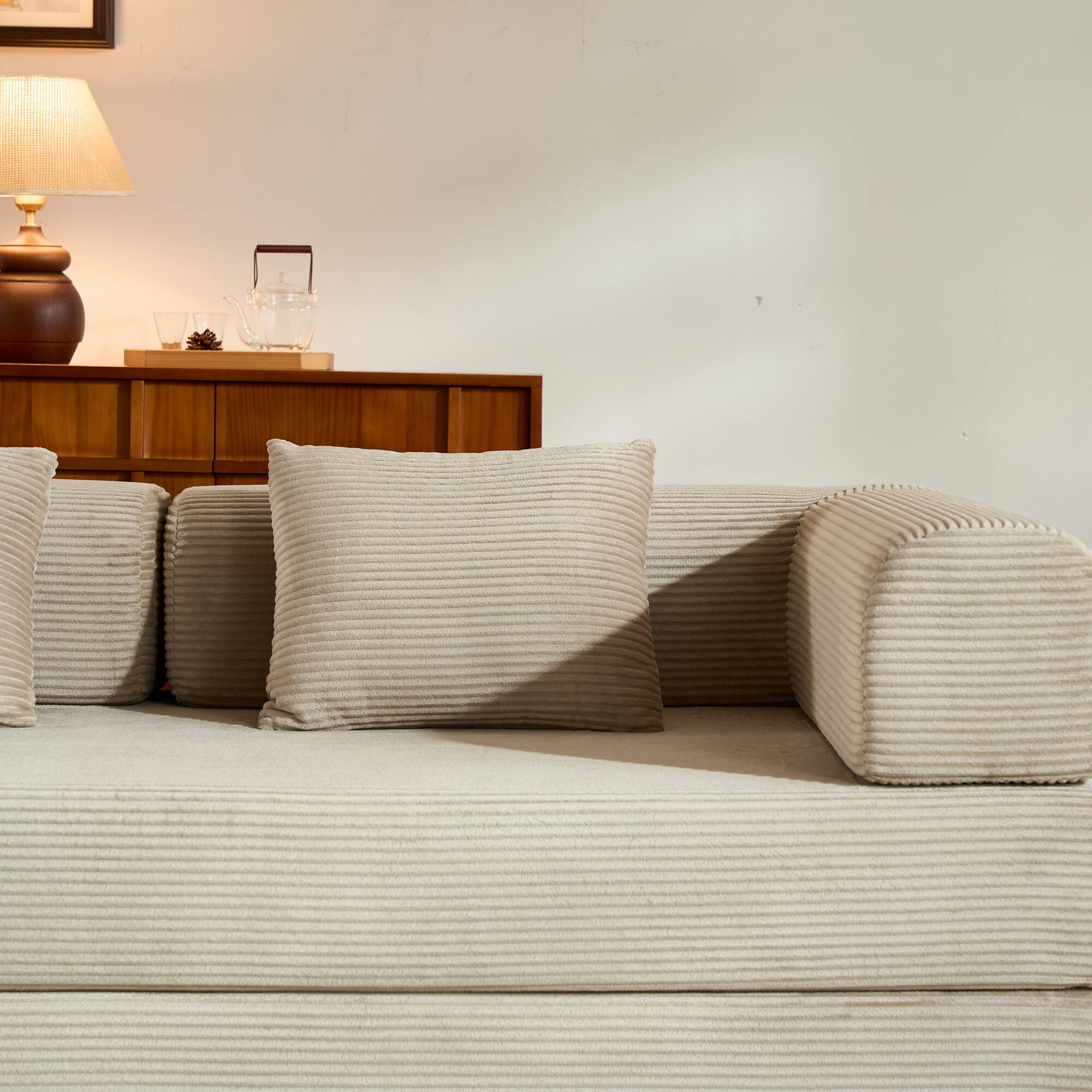 Alt View 7. GOODSILO - Convertible Sleeper Sofa in Cylindroy Fabric | Features a Cylindrical Pillow & Space-Saving Foldable Design - Beige.