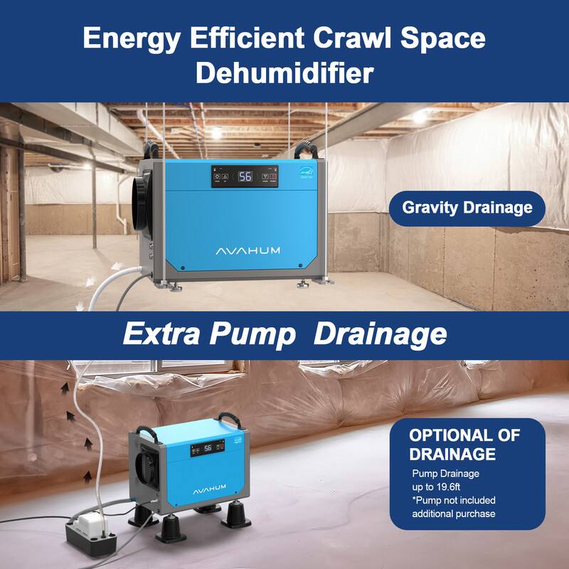 Energy Efficient Crawl Space Dehumidifier

Gravity Drainage

Extra Pump Drainage

OPTIONAL OF DRAINAGE
Pump Drainage up to 19.6ft
*Pump not included additional purchase