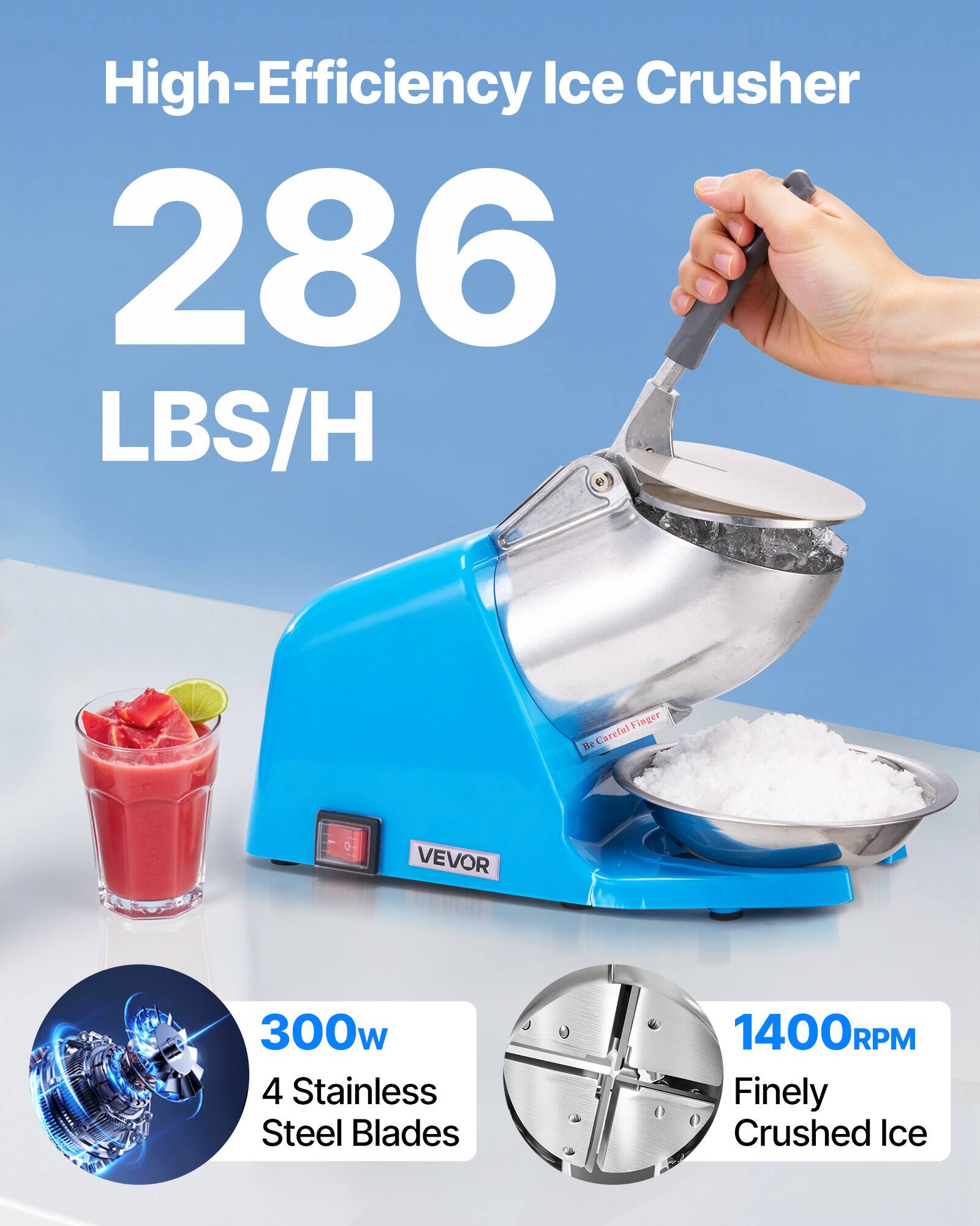 High-Efficiency Ice Crusher 286 LBS/H 300w 4 Stainless Steel Blades 1400RPM Finely Crushed Ice
