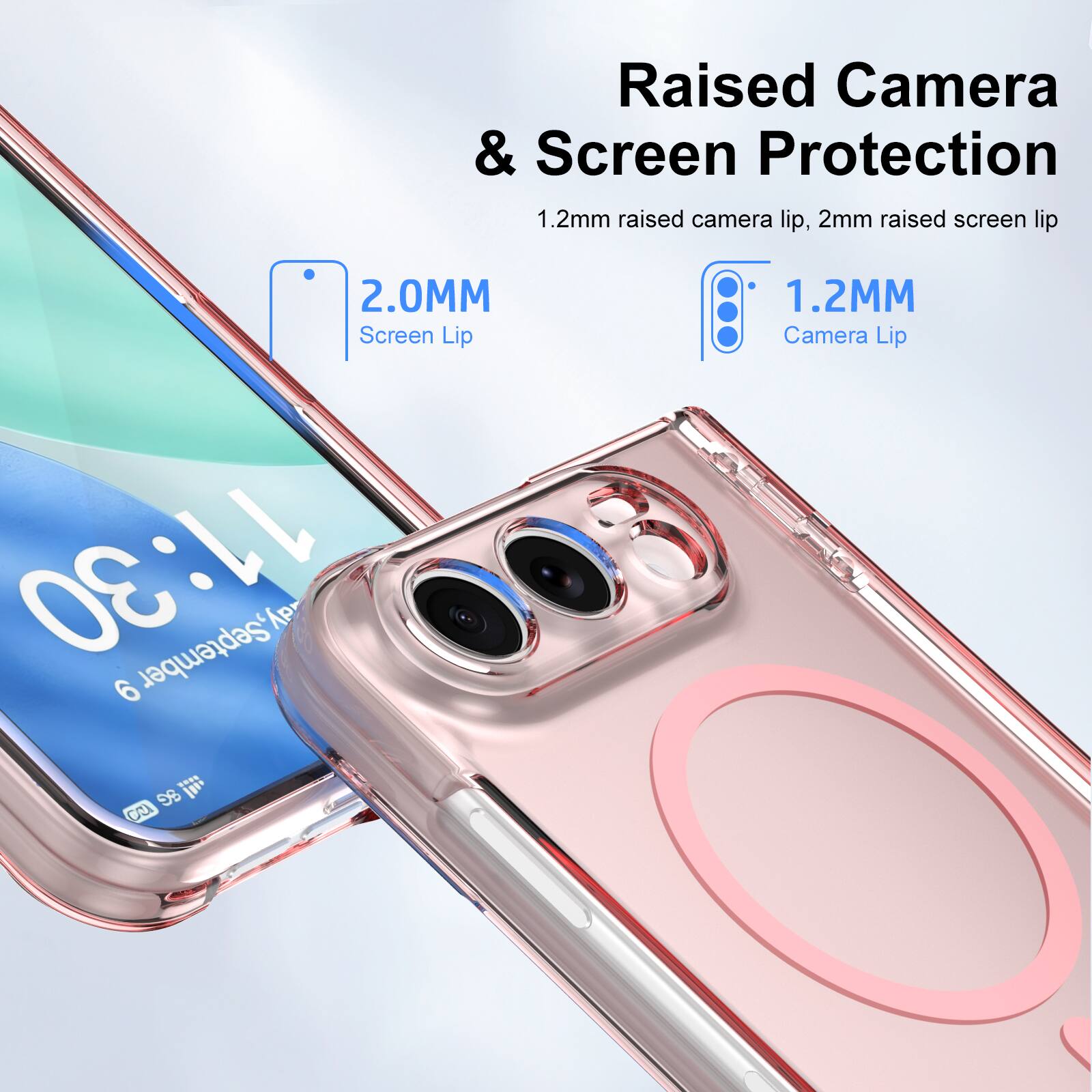 Raised Camera & Screen Protection  
1.2mm raised camera lip, 2mm raised screen lip  

2.0MM Screen Lip  
1.2MM Camera Lip