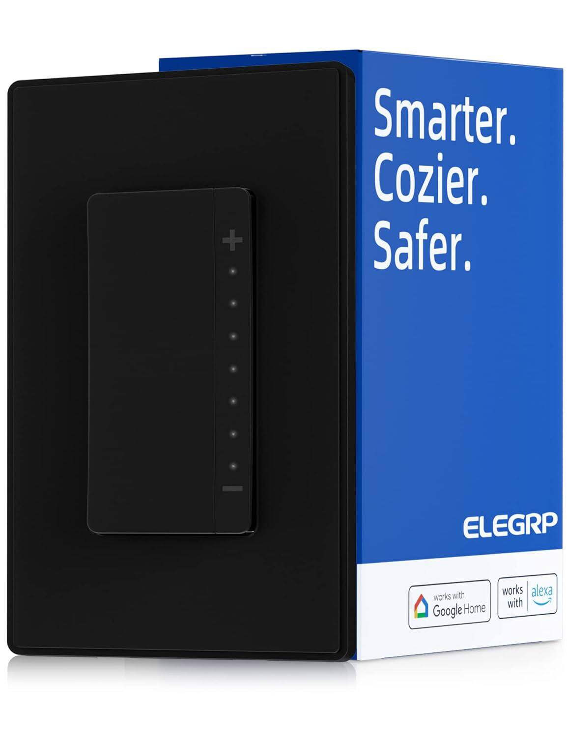 ELEGRP - Smart Dimmer Light Switch, Single Pole/3 Way, Compatible with Alexa and Google Assistant, UL Listed, 1 PC - Black