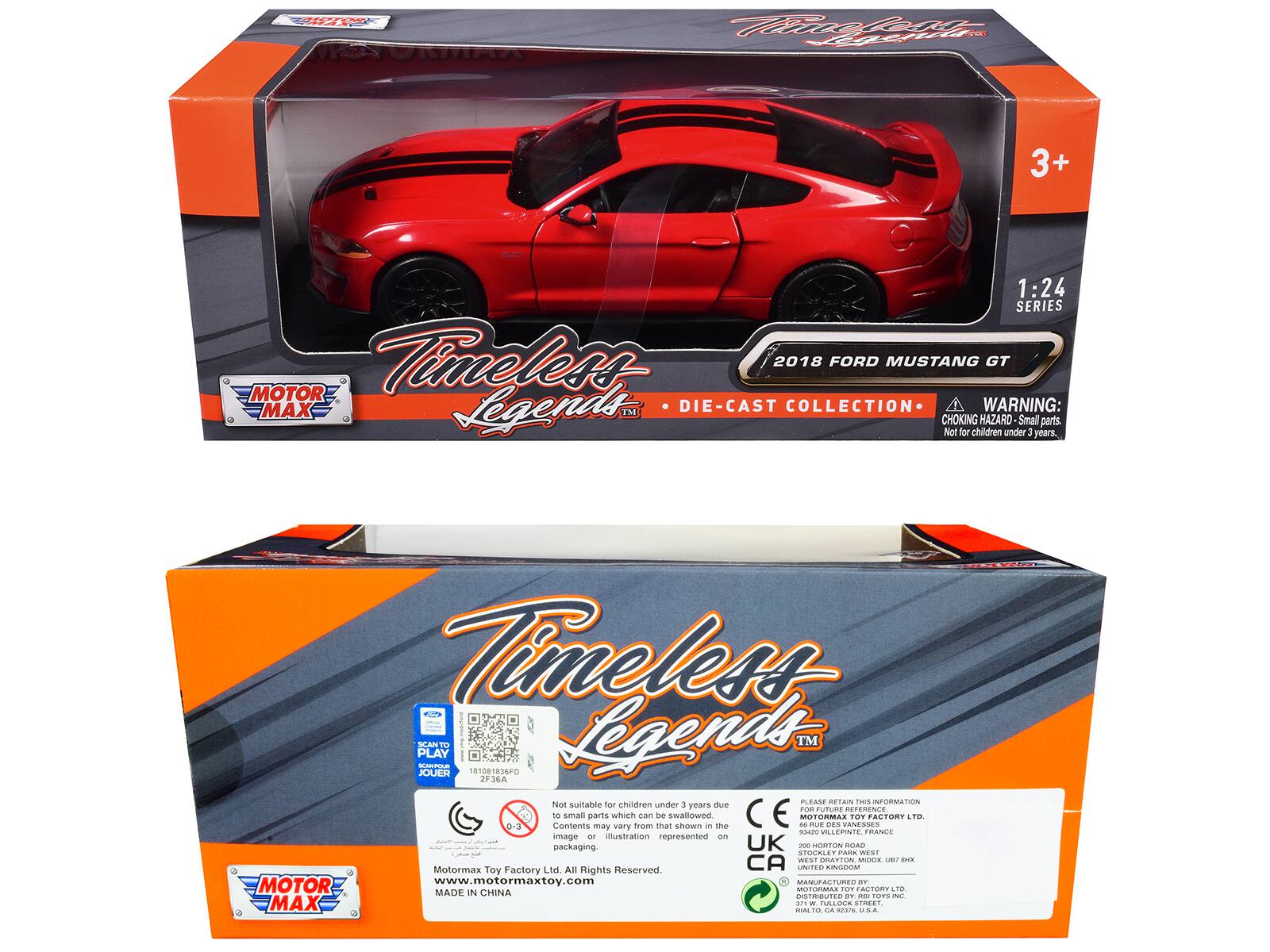 **Front Side:**

- **Top Left Corner:**
  - MOTOR MAX

- **Main Text:**
  - Timeless Legends™
  - 2018 FORD MUSTANG GT
  - DIE-CAST COLLECTION

- **Top Right Corner:**
  - 3+
  - 1:24 SERIES

- **Warning:**
  - WARNING: CHOKING HAZARD - Small parts. Not for children under 3 years.

**Back Side:**

- **Top Left Corner:**
  - MOTOR MAX

- **Main Text:**
  - Timeless Legends™

- **QR Code:**
  - (QR Code Image)

- **Text Below QR Code:**
  - Not suitable for children under 3 years due to small parts which can be swallowed.
  - Contents may vary from that shown in the image or illustration represented on packaging.

- **Bottom Left:**
  - Motormax Toy Factory Ltd. All Rights Reserved.
  - www.motormaxtoy.com
  - MADE IN CHINA

- **Bottom Right:**
  - PLEASE RETAIN THIS INFORMATION FOR FUTURE REFERENCE.
  - UK - SORTON ROAD STOKE-ON-TRENT WEST