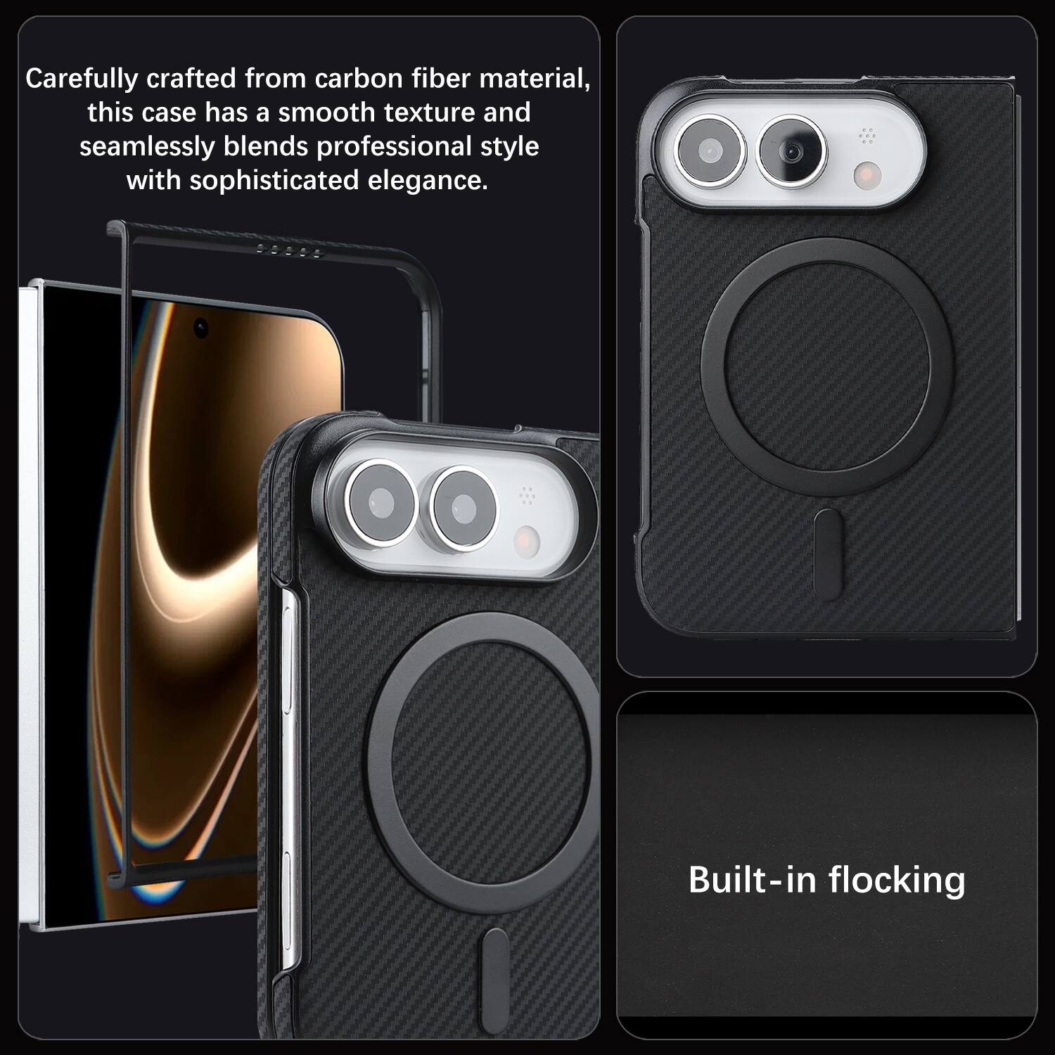 Carefully crafted from carbon fiber material, this case has a smooth texture and seamlessly blends professional style with sophisticated elegance.

Built-in flocking