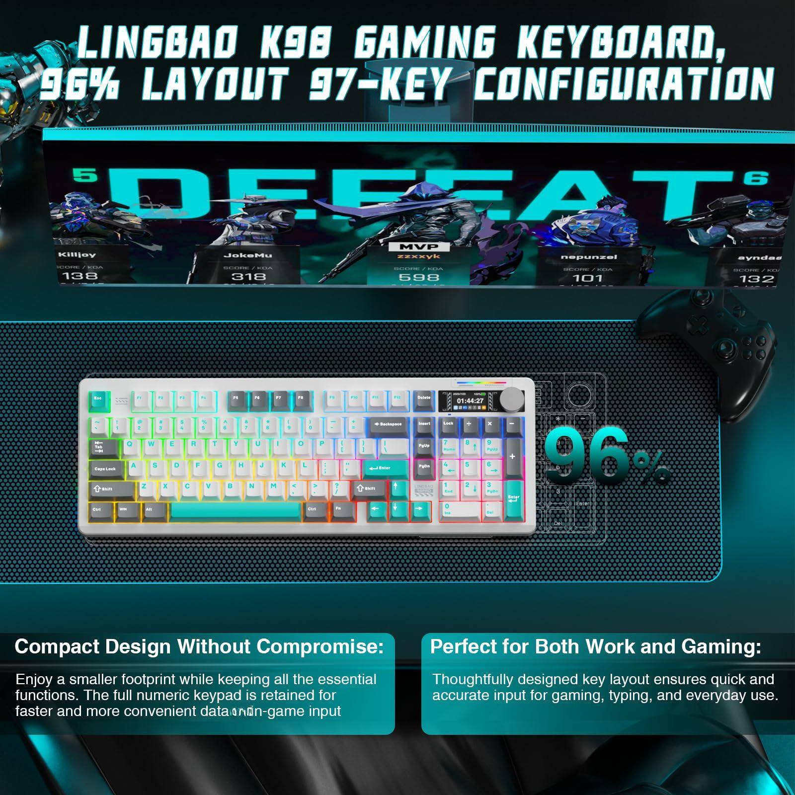 LINGBAO K98 GAMING KEYBOARD, 96% LAYOUT 97-KEY CONFIGURATION

Compact Design Without Compromise: Enjoy a smaller footprint while keeping all the essential functions. The full numeric keypad is retained for faster and more convenient data-in-game input

Perfect for Both Work and Gaming: Thoughtfully designed key layout ensures quick and accurate input for gaming, typing, and everyday use.