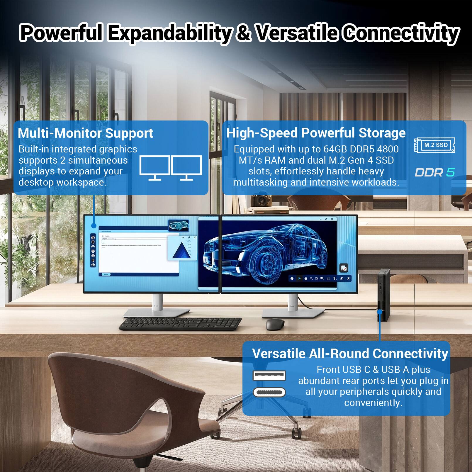 Powerful Expandability & Versatile Connectivity

Multi-Monitor Support
Built-in integrated graphics supports 2 simultaneous displays to expand your desktop workspace.

High-Speed Powerful Storage
Equipped with up to 64GB DDR5 4800 MT/s RAM and dual M.2 Gen 4 SSD slots, effortlessly handle heavy multitasking and intensive workloads.

Versatile All-Round Connectivity
Front USB-C & USB-A plus abundant rear ports let you plug in all your peripherals quickly and conveniently.