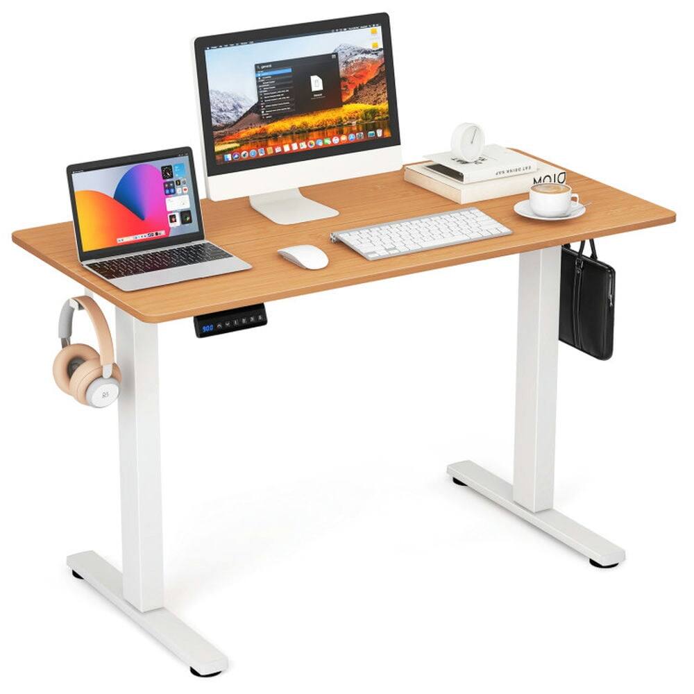 Front. Pefilos - Electric Standing Desk with 3 Memory Height Settings & 2 Hanging Hooks & Cable Management-Natural, Office Desk, Desks - Brown.