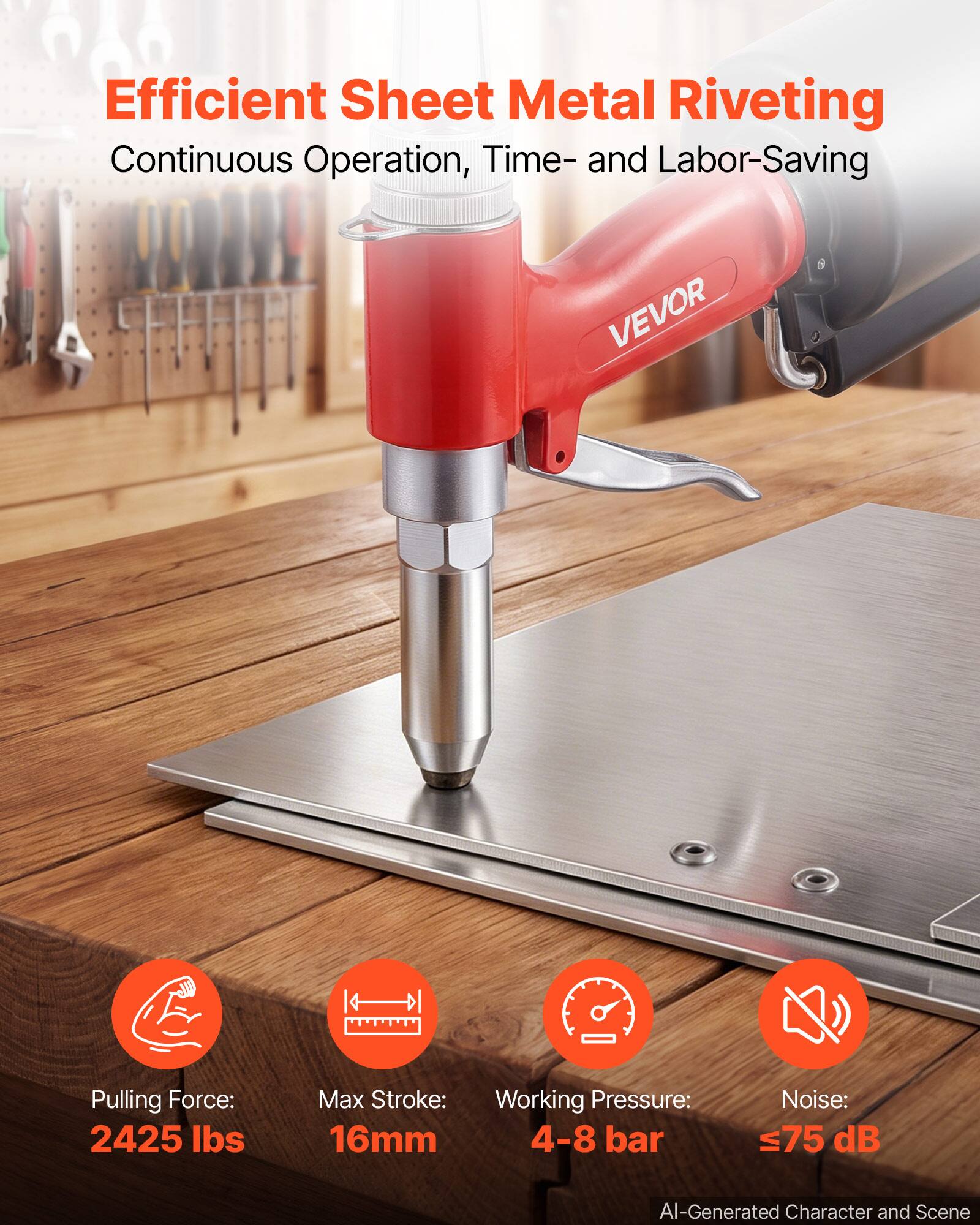 Efficient Sheet Metal Riveting  
Continuous Operation, Time- and Labor-Saving

VEVOR

Pulling Force: 2425 lbs  
Max Stroke: 16mm  
Working Pressure: 4-8 bar  
Noise: ≤75 dB

AI-Generated Character and Scene