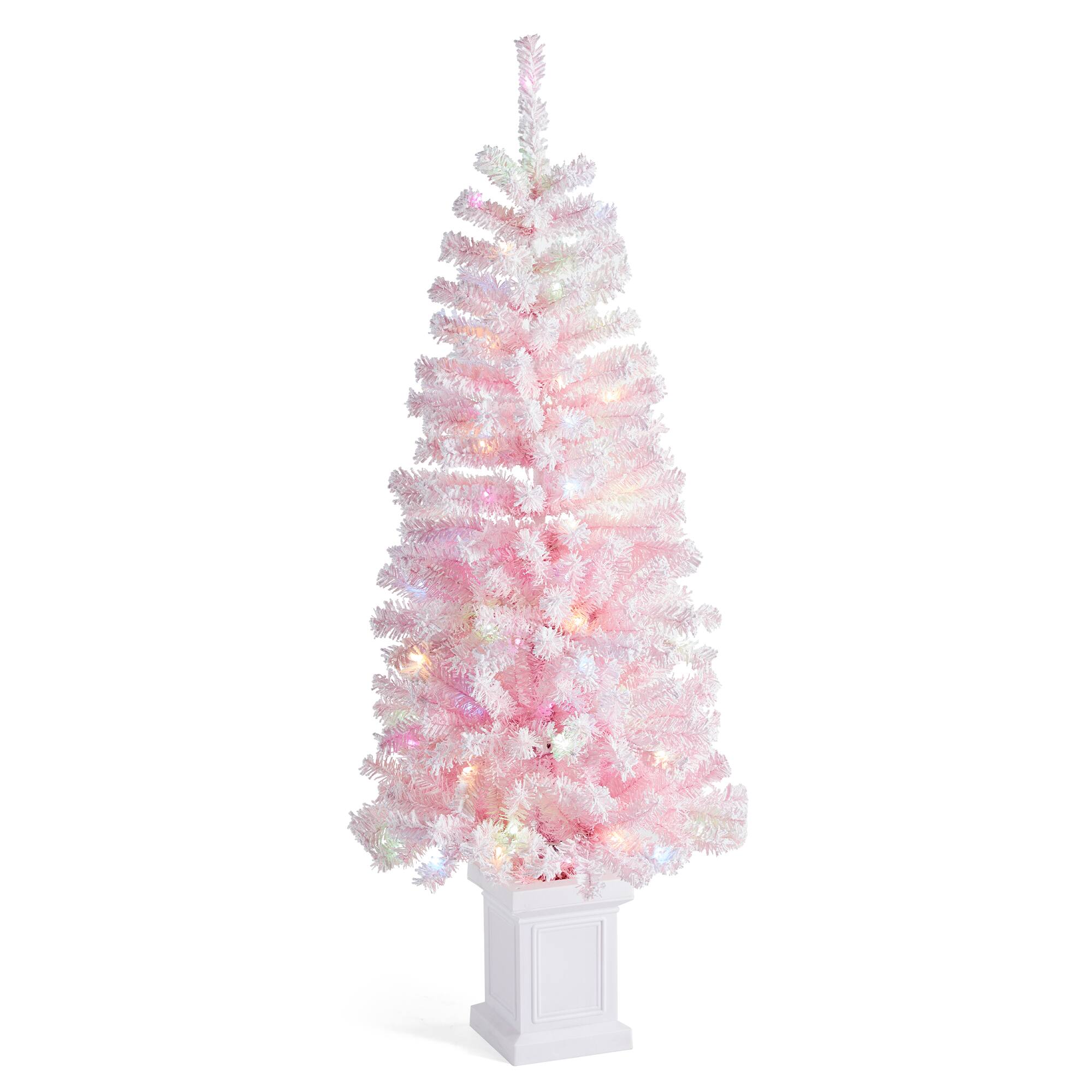Angle. Glitzhome - 5ft Pre-Lit Flocked Pink Artificial Christmas Porch Tree, 130 white/multi-color LED Lights,8 function, Foot Pedal - White.