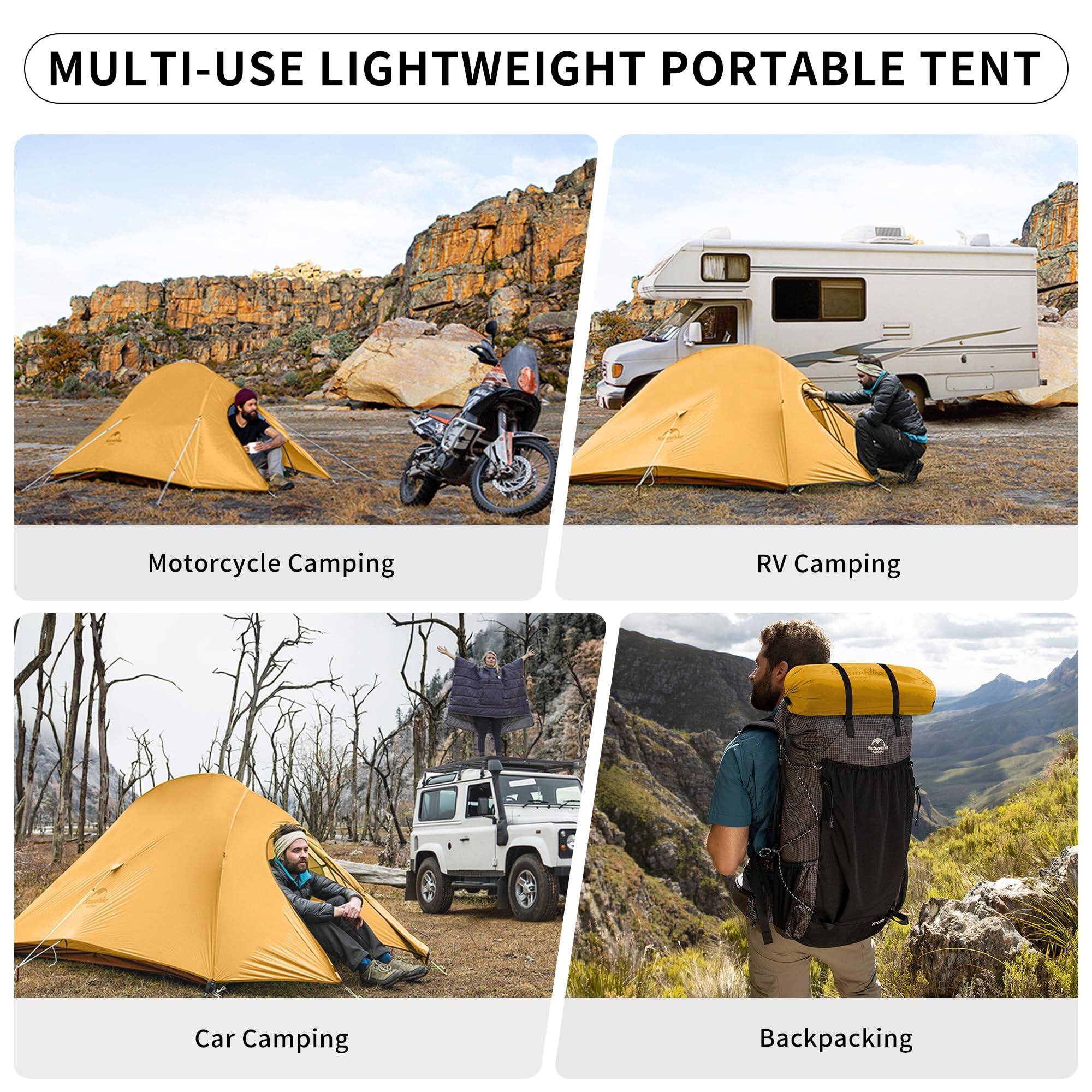 MULTI-USE LIGHTWEIGHT PORTABLE TENT

Motorcycle Camping

RV Camping

Car Camping

Backpacking