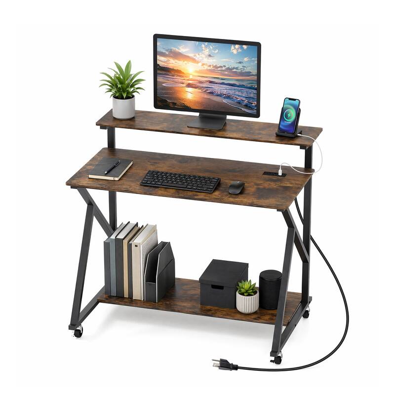 Alt View 4. WELLFOR - 39.5" Mobile Computer Desk with Charging Station and Monitor Shelf, Rolling Home Office Desk for Small Spaces - Rustic Brown.