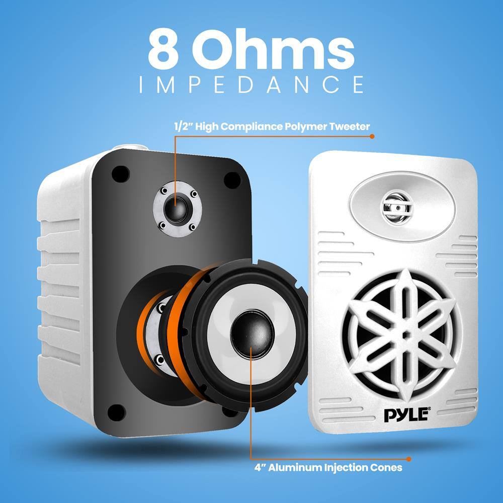 8 Ohms  
IMPEDANCE  

1/2" High Compliance Polymer Tweeter  

4" Aluminum Injection Cones  

PYLE