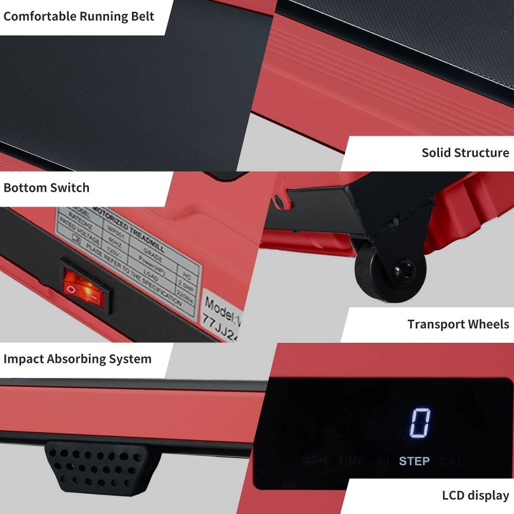 Comfortable Running Belt  
Solid Structure  
Bottom Switch  
Impact Absorbing System  
Transport Wheels  
LCD display  

Model: JJ24  

Rated Voltage: 120V  
Rated Hz: 60Hz  
Rated Power: 1.5HP  
Rated Load: 220LB  
Rated Speed: 10MPH  

Refer to the Power Load Specification for details.