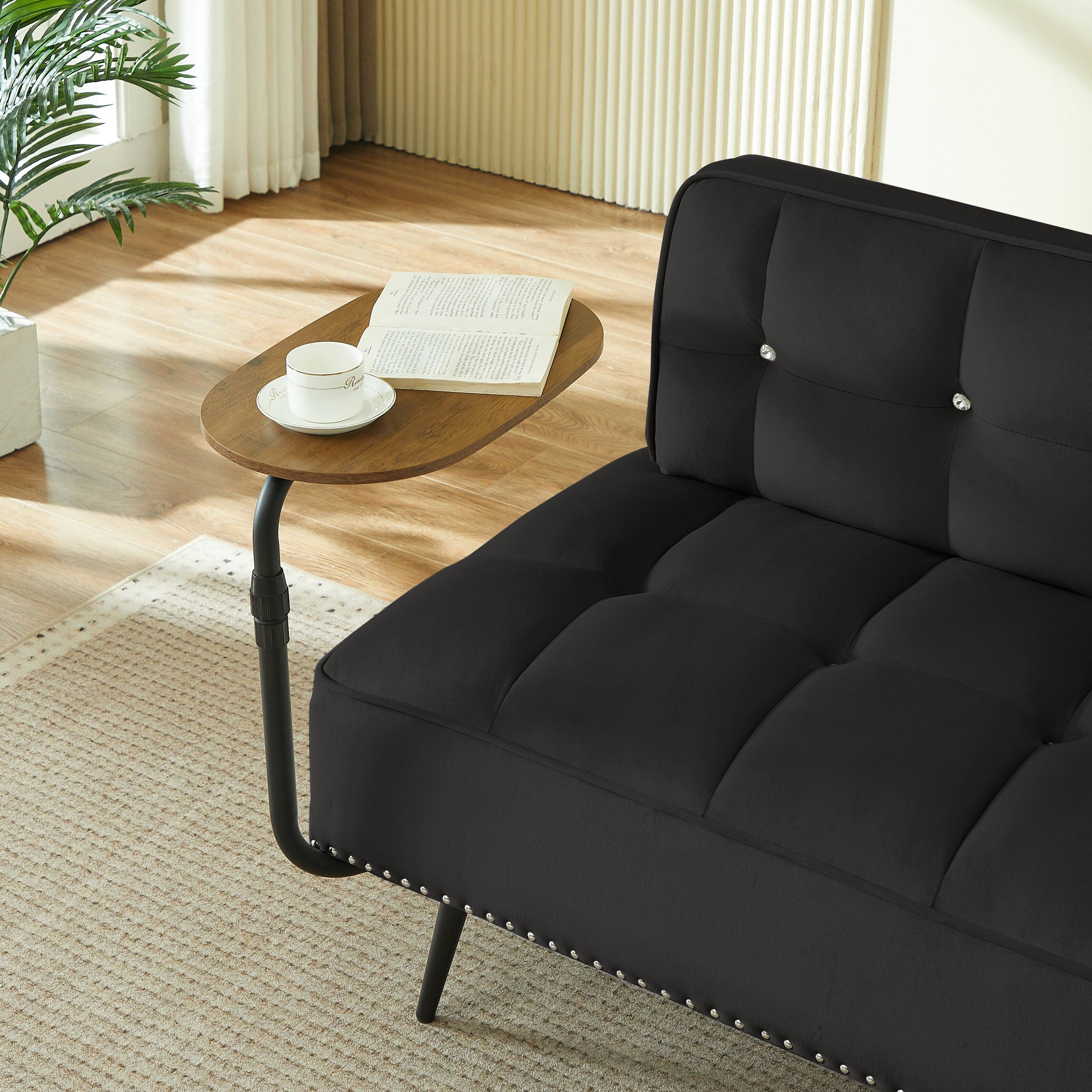 Back. Z-Edge - 54" Comfy Velvet Loveseat Sofa, 2 Seater Deep Seat Couch with Backrest & 360° Rotating Side Table for Living Room Office - Black.