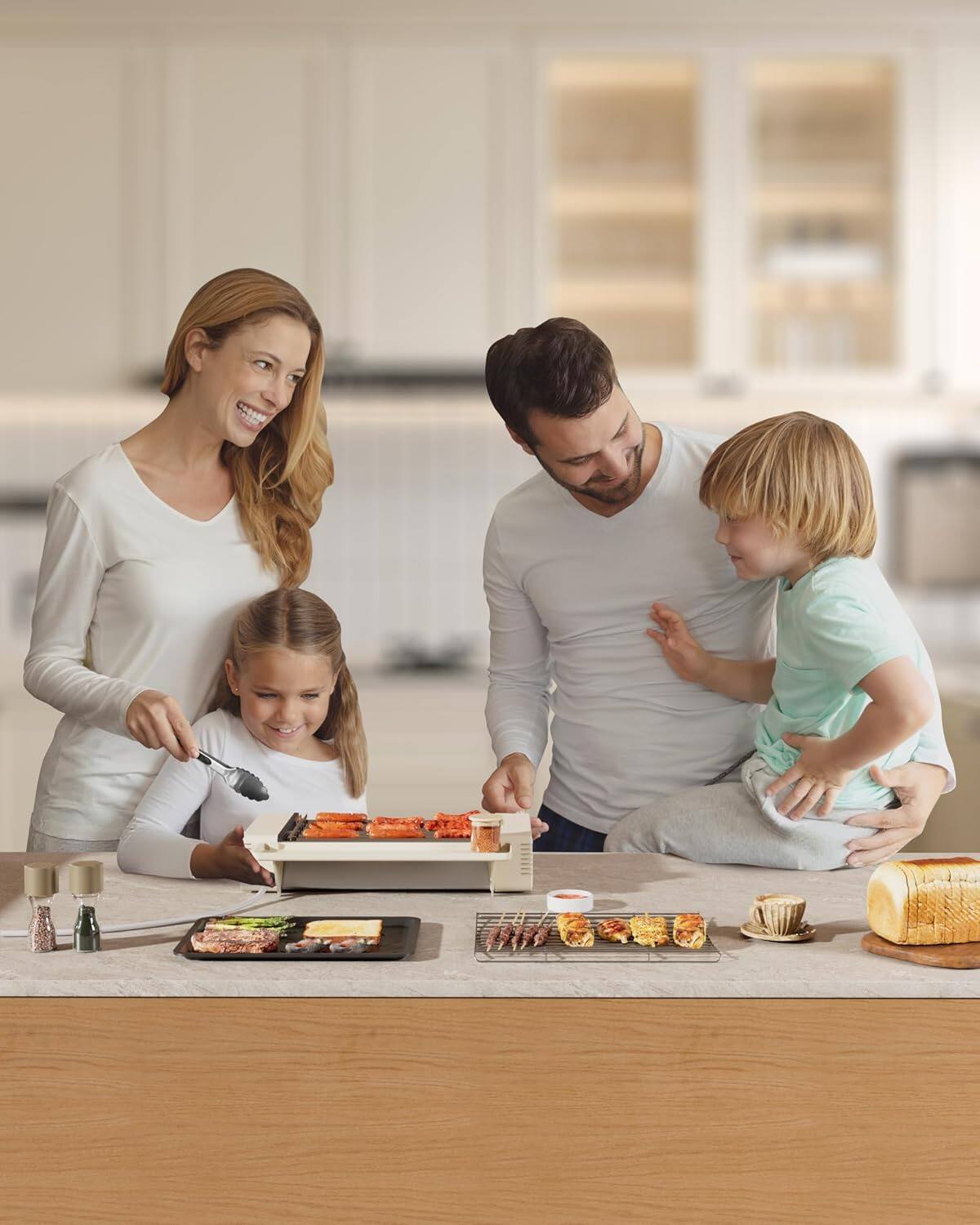 Angle. HBN - HBN Indoor 3-in-1 Electric Grill, Grill Rack, Nonstick Griddle & Sausage Grill, Smokeless, Beige.