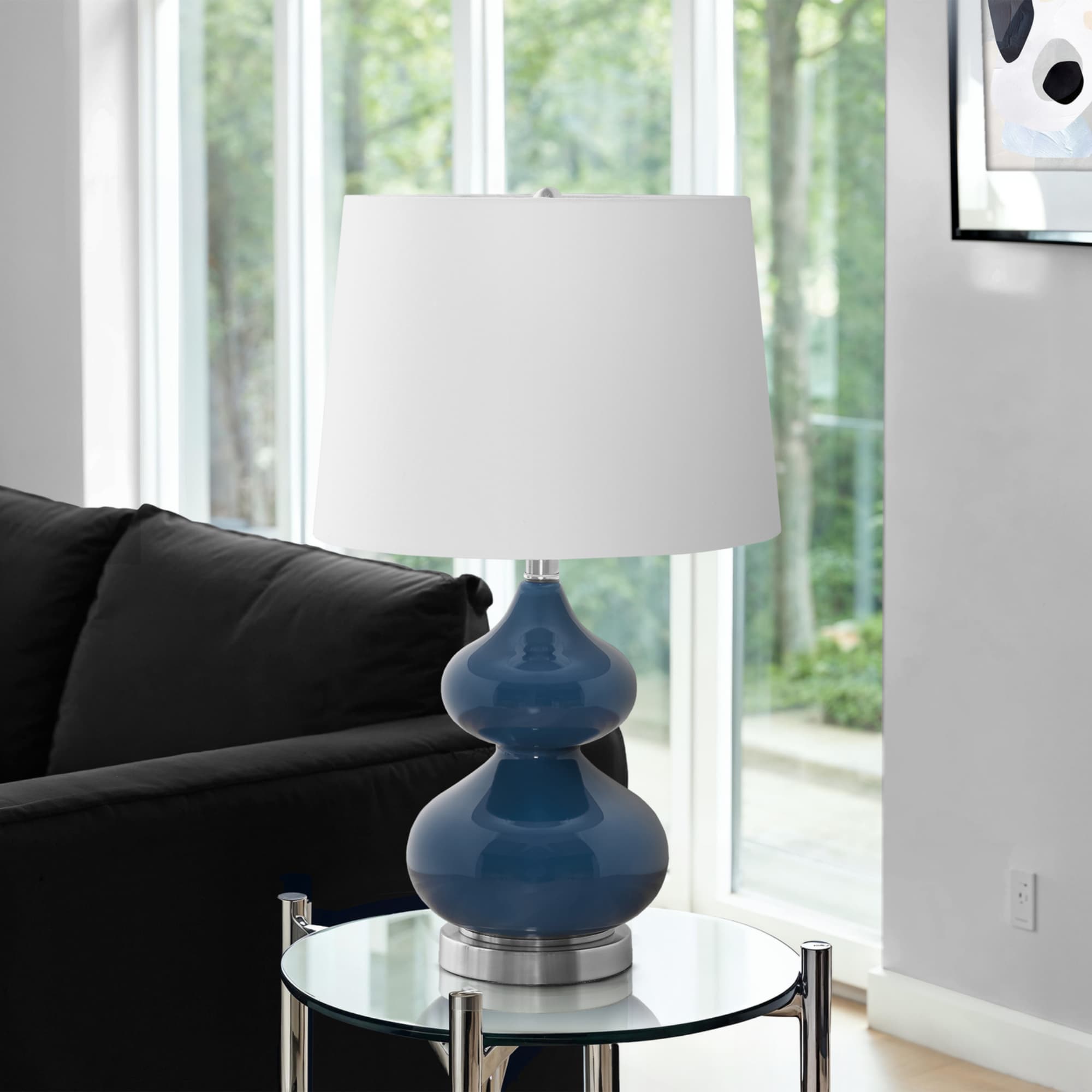 Angle. Luckbyte - 24 Inch Blue Glass Table Lamp Ivory Cream Shade Contemporary Decor Lamp.