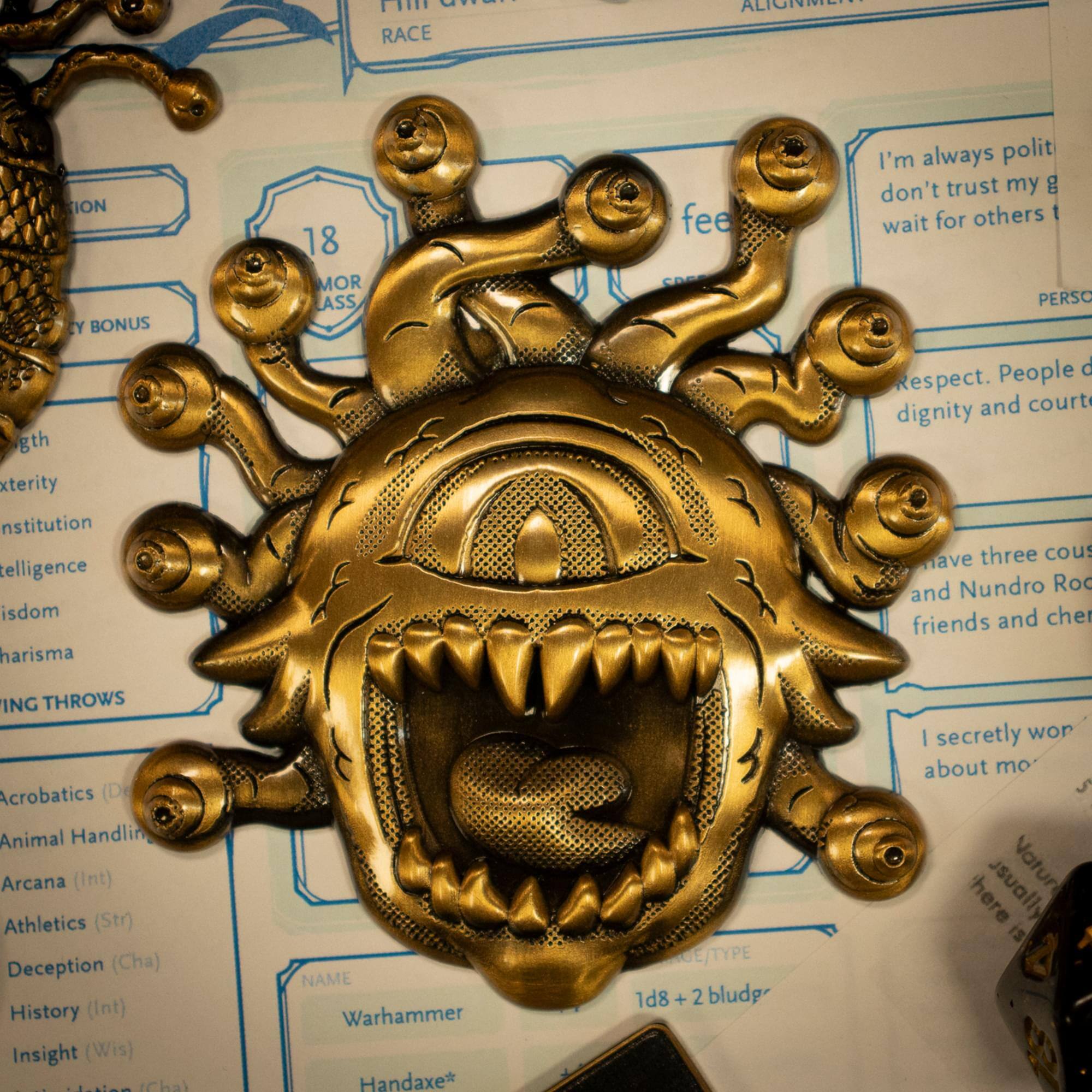 Pl i RACE ALIGNMENT ION Y BONUS gth xterity nstitution telligence isdom harisma 18 MOR LASS fee I'm always polit don't trust my g for others t wait PERSO People d Respect. dignity and court ave three cous and Nundro Ro friends and che ING THROWS Acrobatics (Dex) Animal Handling (Wis) Arcana (Int) Athletics (Str) Deception (Cha) History (Int) Insight (Wis) |  h NAME Warhammer Handaxe* GE/TYPE 1d8 + 2 bludg I secretly wor about mo V Jsually Natur here