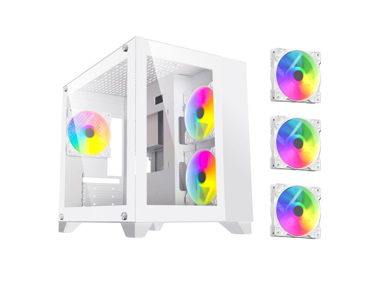 Front. DIYPC - DIYPC ARGB-Q3.R2-W White USB3.0/Type C Micro ATX Case w/ Tempered Glass & 3 ARGB Fans - White.