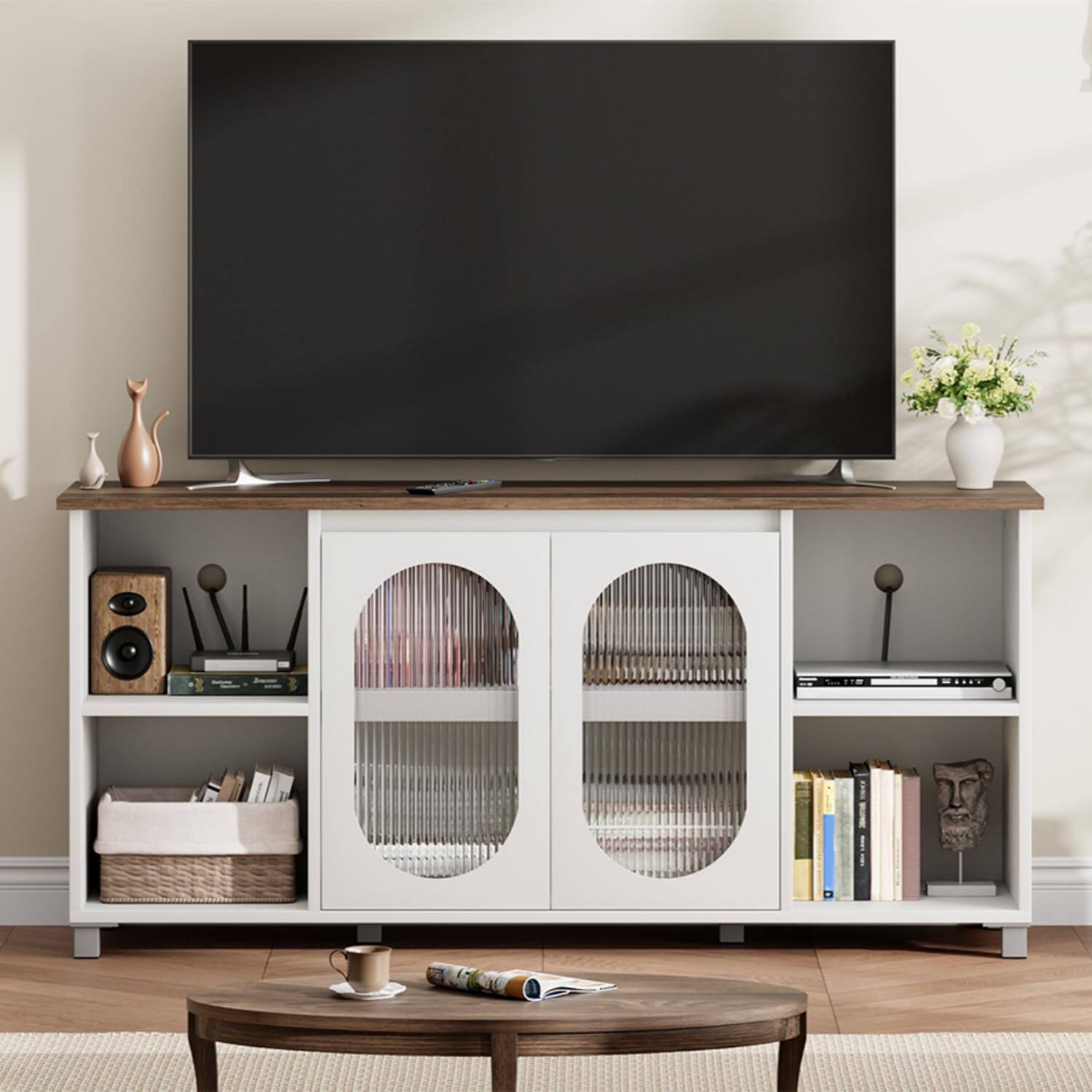 Alt View 1. Qeetex - 62.6" Modern TV Stand for 70 Inch TV, Corrugated Glass Doors, 4 Open Shelves & 2 Storage Cabinets - White.
