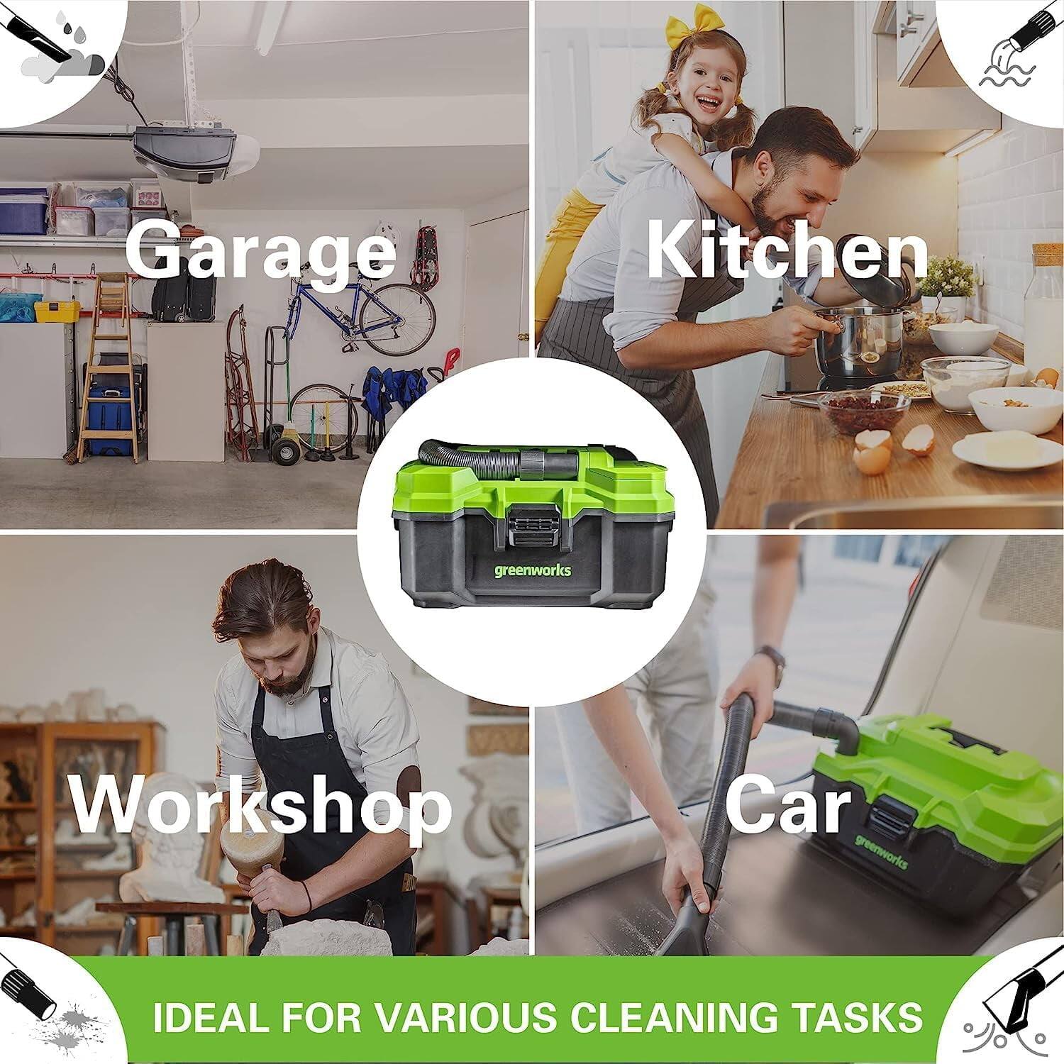 Garage  
Kitchen  
Workshop  
Car  

IDEAL FOR VARIOUS CLEANING TASKS