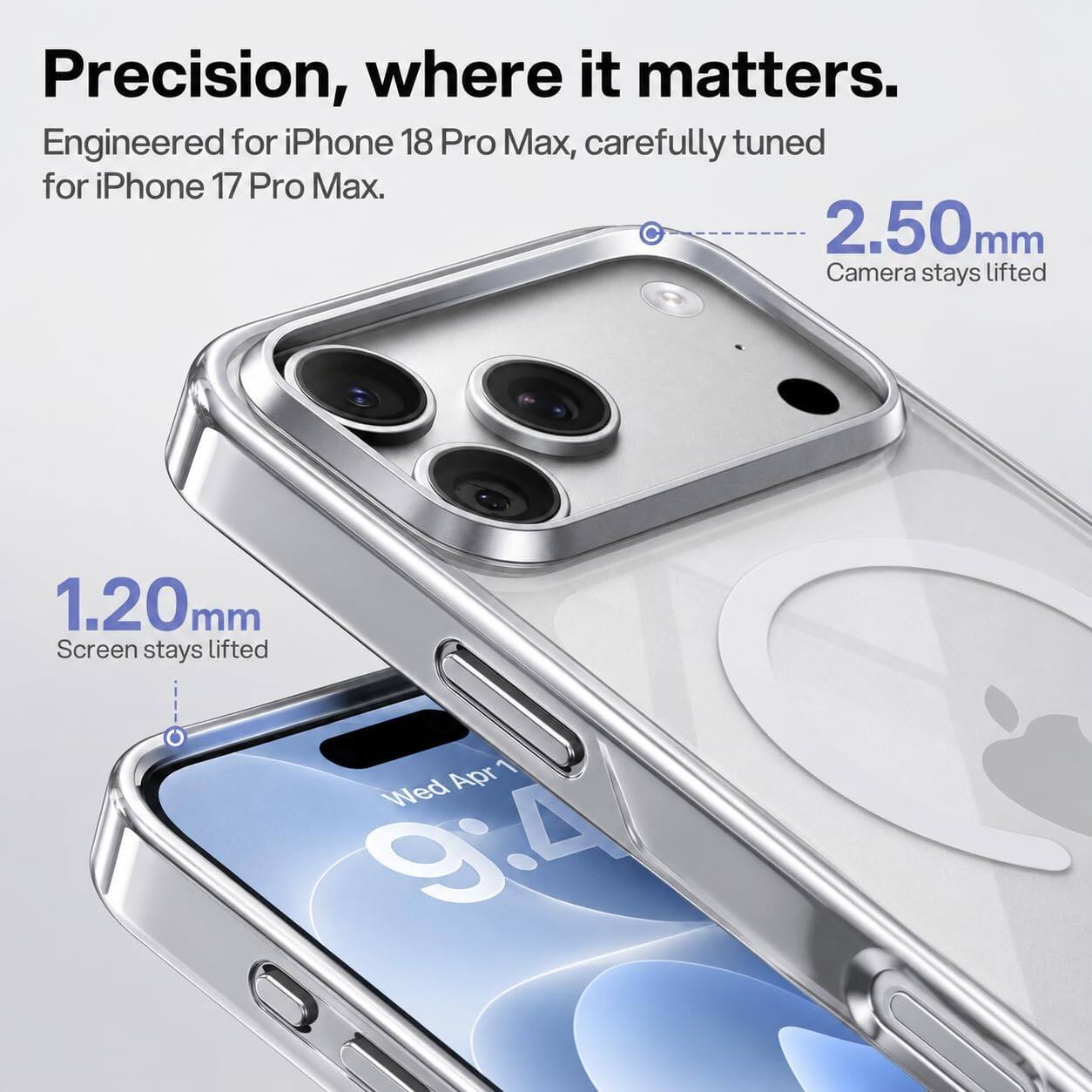Precision, where it matters. Engineered for iPhone 18 Pro Max, carefully tuned for iPhone 17 Pro Max. 2.50mm Camera stays lifted. 1.20mm Screen stays lifted. Apr 1 Wed 9:4