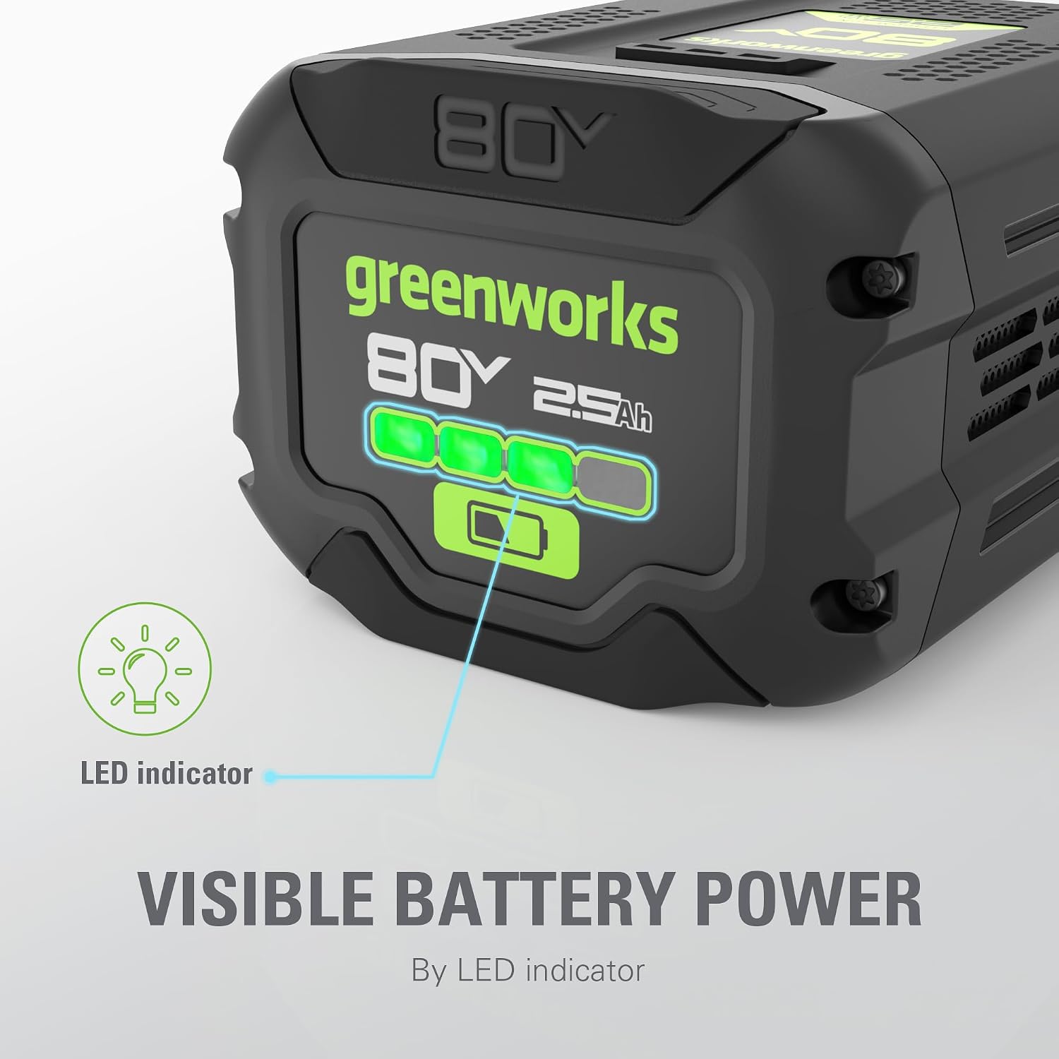 greenworks 80V 25Ah D i LED indicator VISIBLE BATTERY POWER By LED indicator