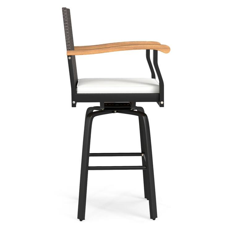 Alt View 1. Mondawe - Outdoor 360° Swivel Bar Stool with Cushion and Acacia Wood Armrests - Brown.