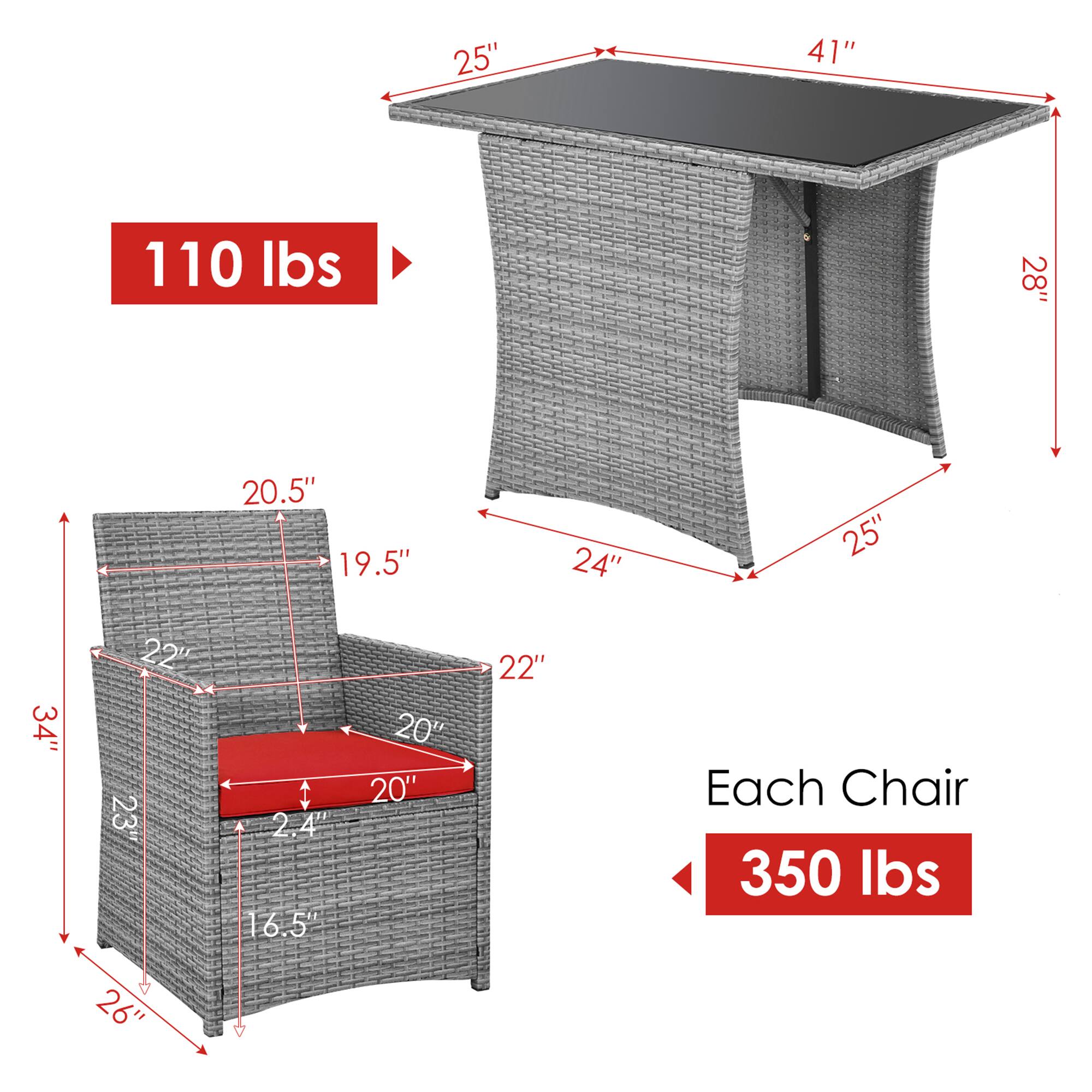 - Table: 41" x 25" x 28" x 24" x 25"
- Weight: 110 lbs
- Chair: 26" x 22" x 20" x 20" x 16.5" x 2.4" x 22" x 20.5" x 19.5" x 24" x 34" x 23"
- Each Chair: 350 lbs