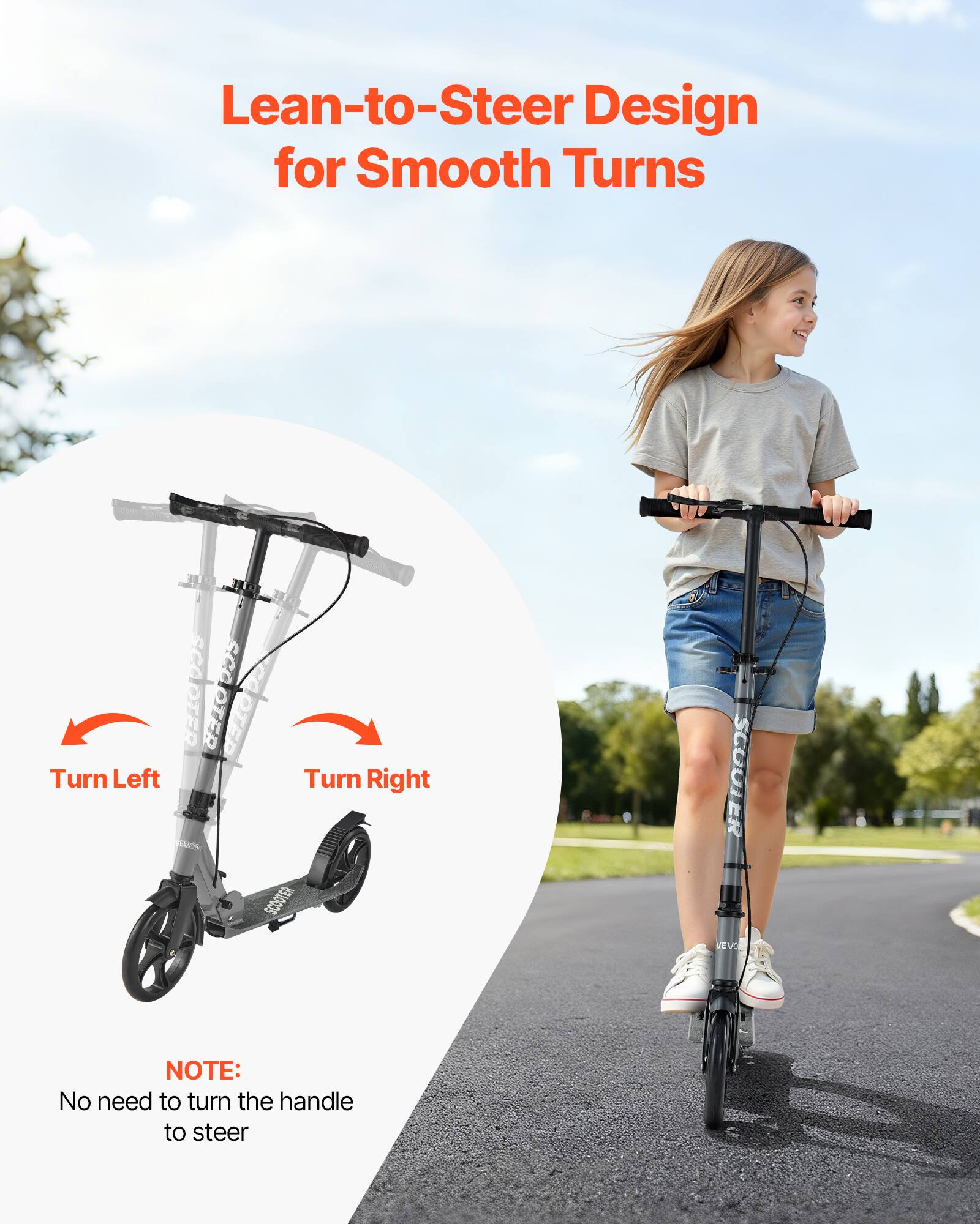 Lean-to-Steer Design for Smooth Turns

Turn Left Turn Right

NOTE: No need to turn the handle to steer