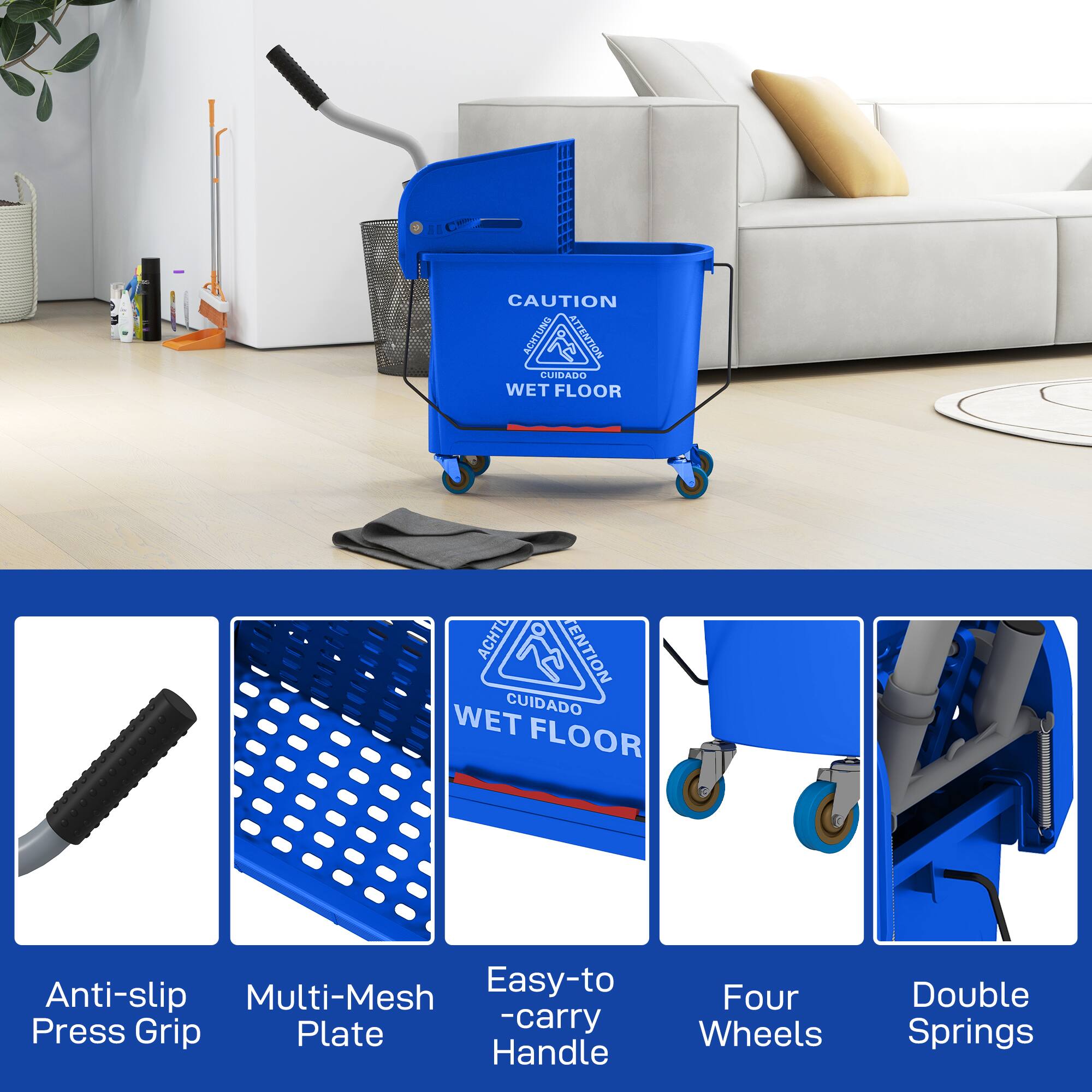 CAUTION ATTENTION CUIDADO WET FLOOR

Anti-slip Multi-Mesh Easy-to Press Grip Plate -carry Handle Four Wheels Double Springs