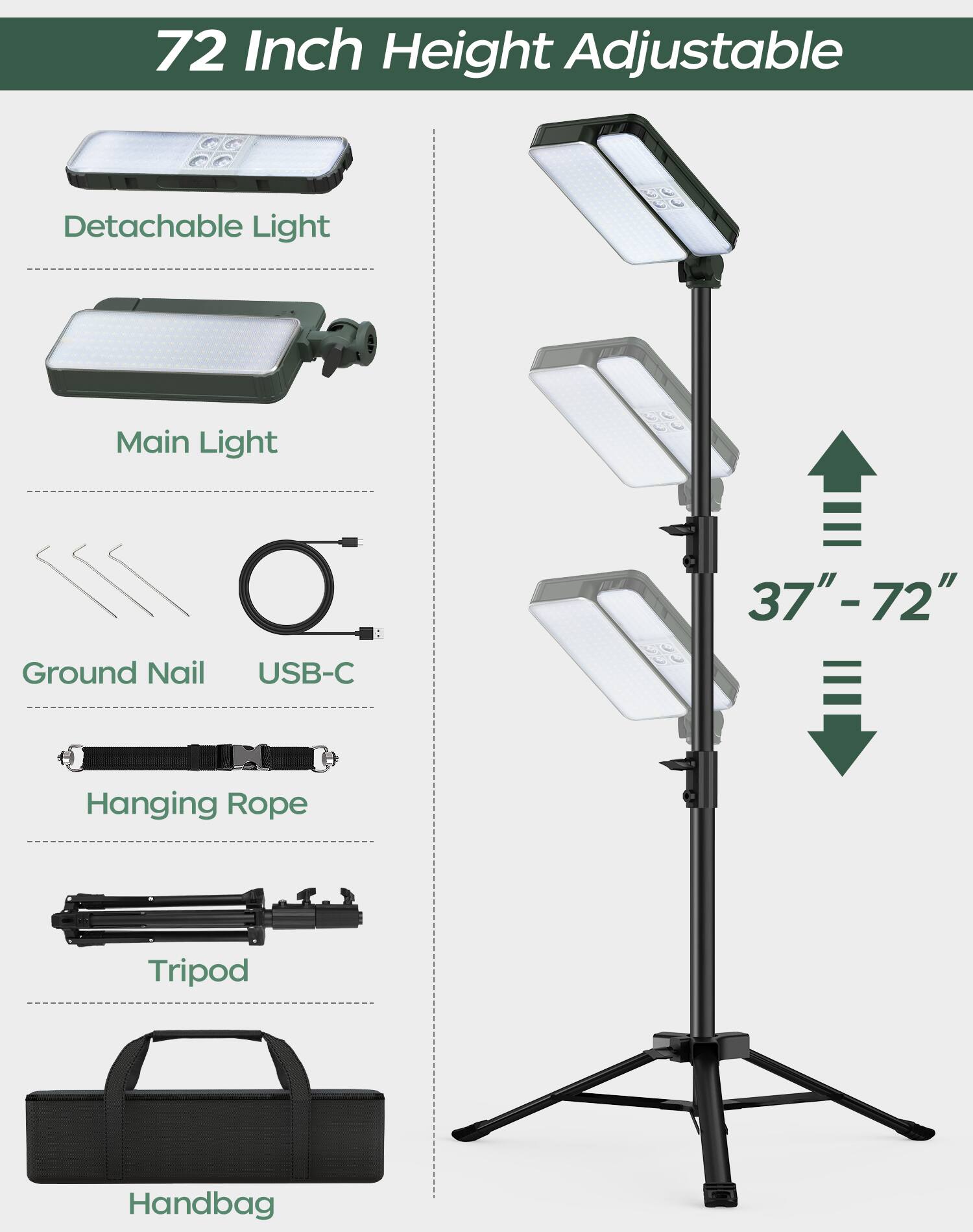 72 Inch Height Adjustable Detachable Light Main Light Ground Nail USB-C 37"-72" Hanging Rope Tripod Handbag