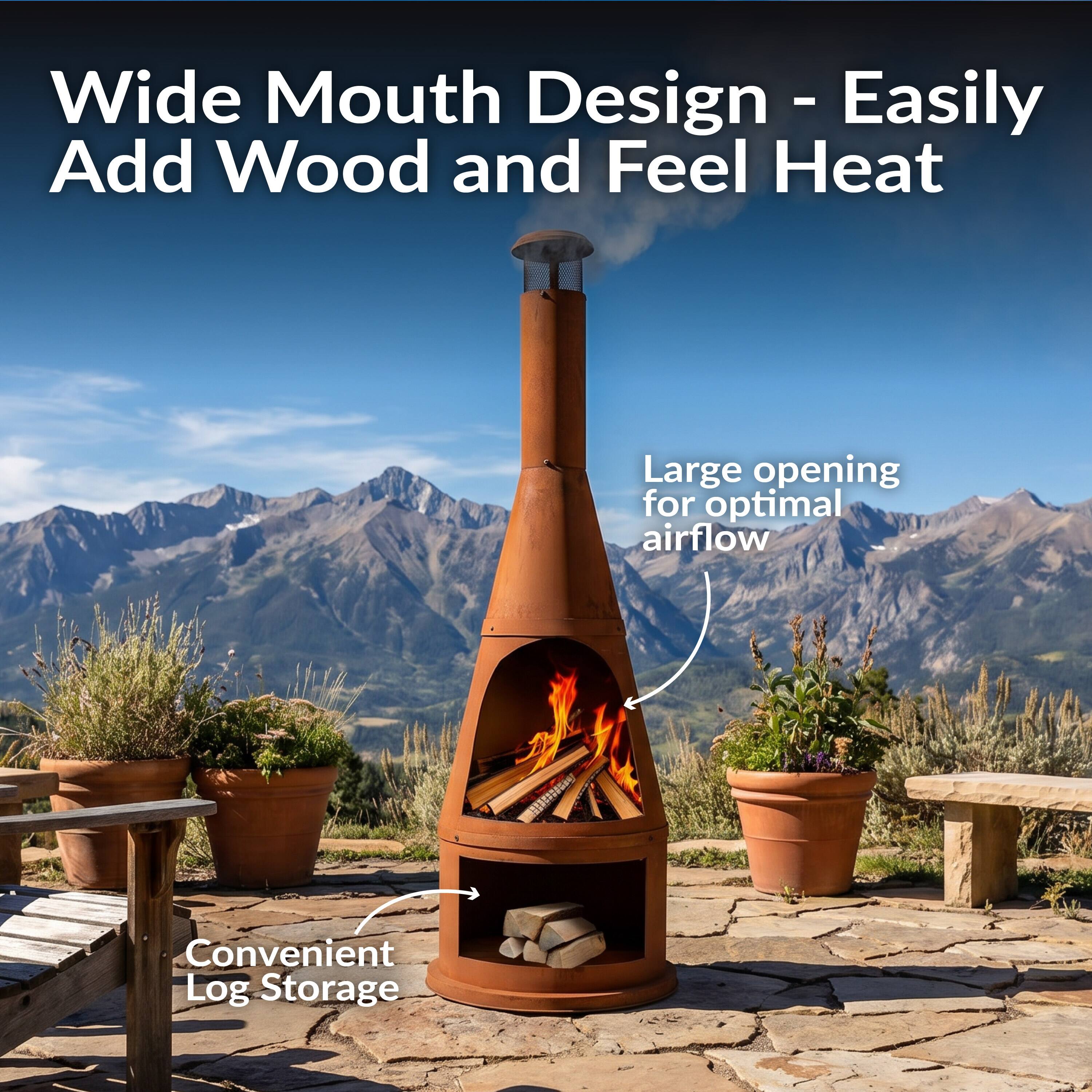 Wide Mouth Design - Easily Add Wood and Feel Heat

Large opening for optimal airflow

Convenient Log Storage