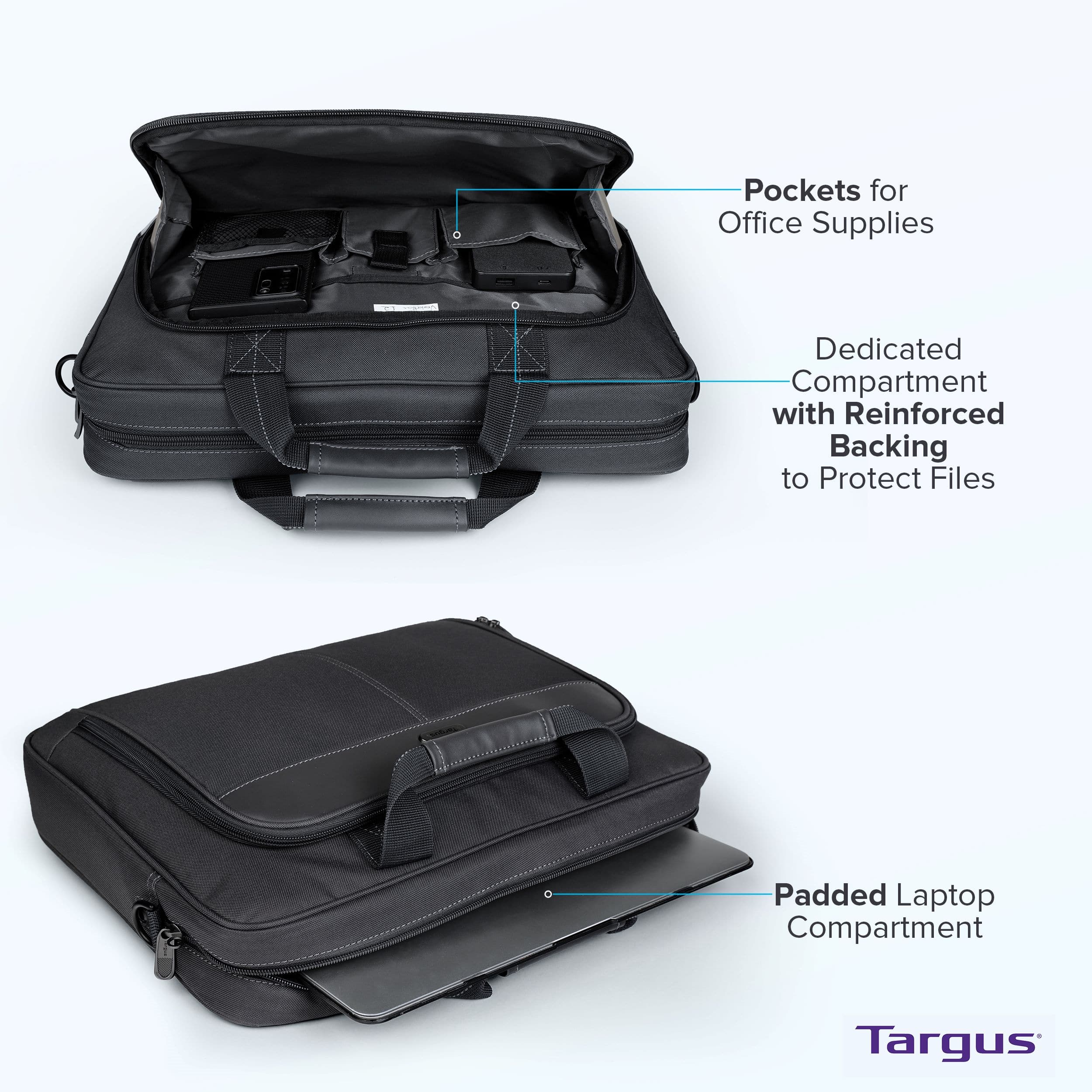 Pockets for Office Supplies: Dedicated Compartment with Reinforced Backing to Protect Files
Padded Laptop Compartment: Targus